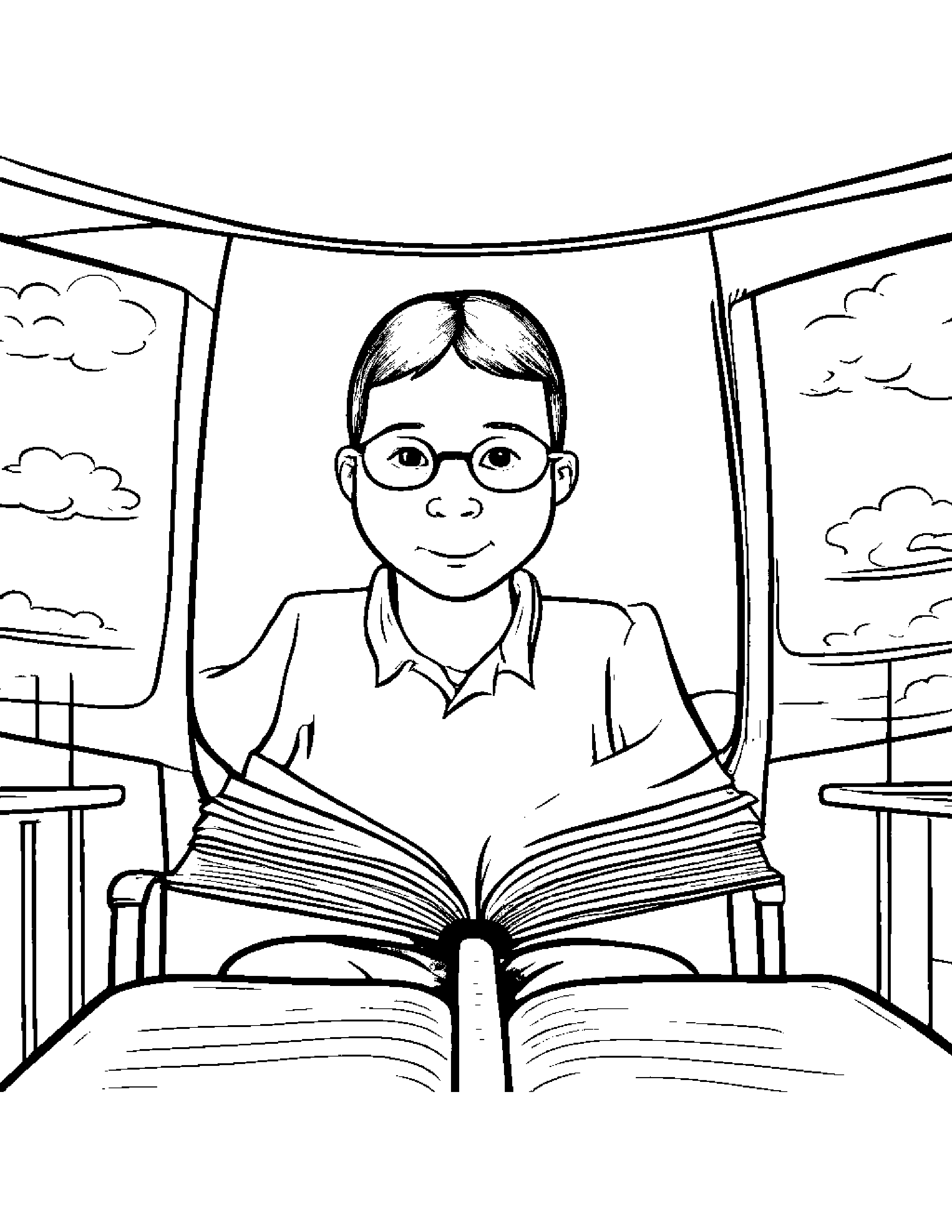 Plane Reading A Book Coloring Page (Free Printable PDF)