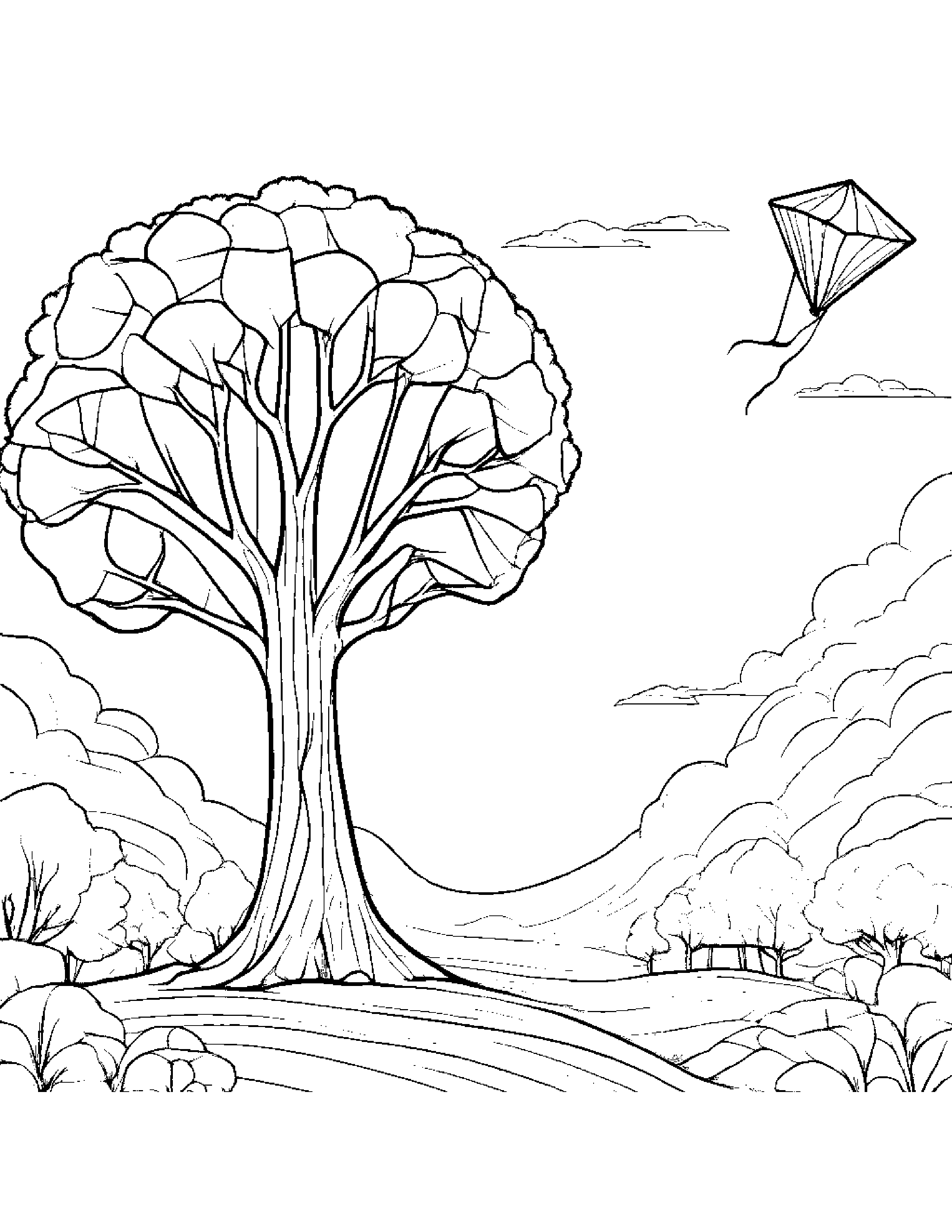 Tree With A Kite Coloring Page (Free Printable PDF)