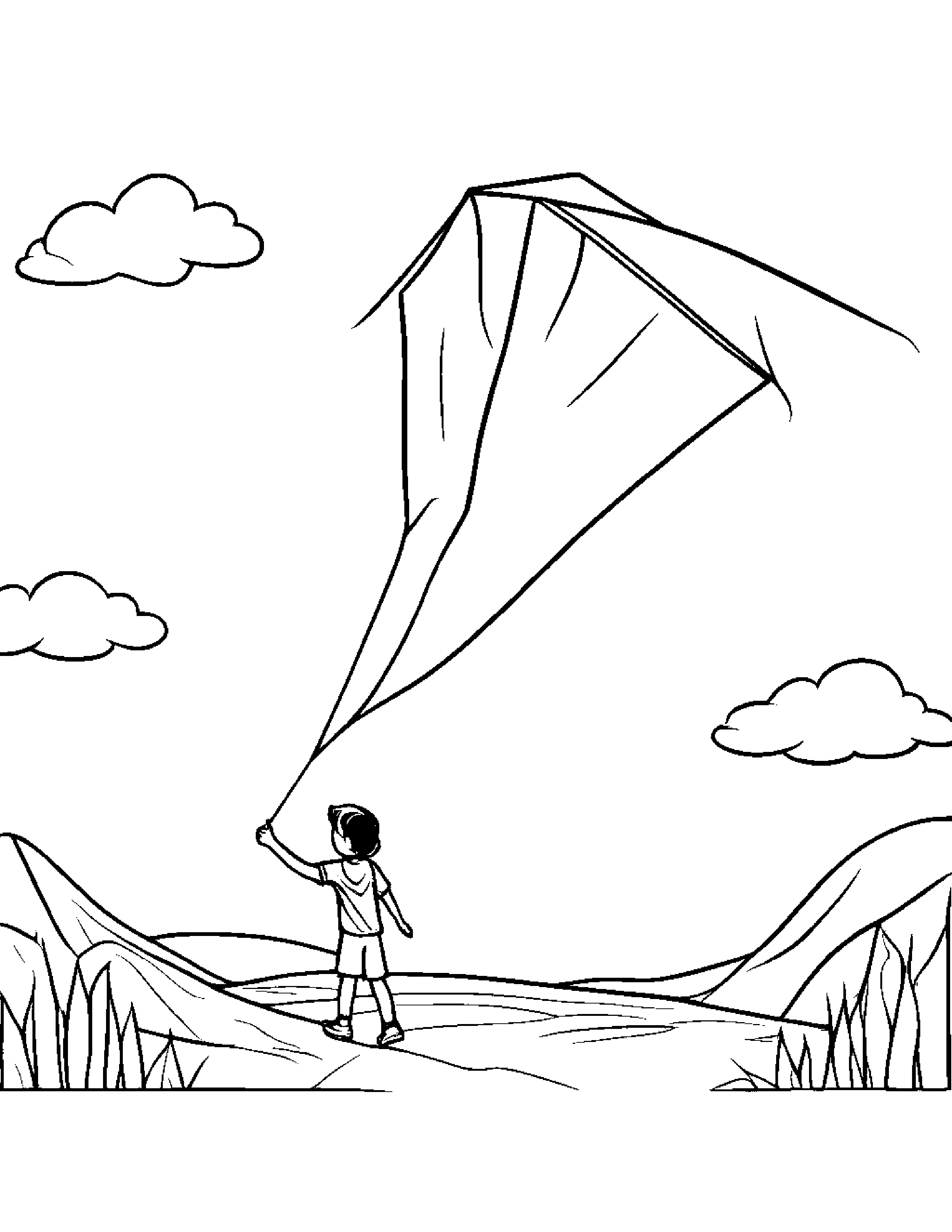 A Child Holding A Colorful Kite Flying High On Children Coloring Page (Free Printable PDF)