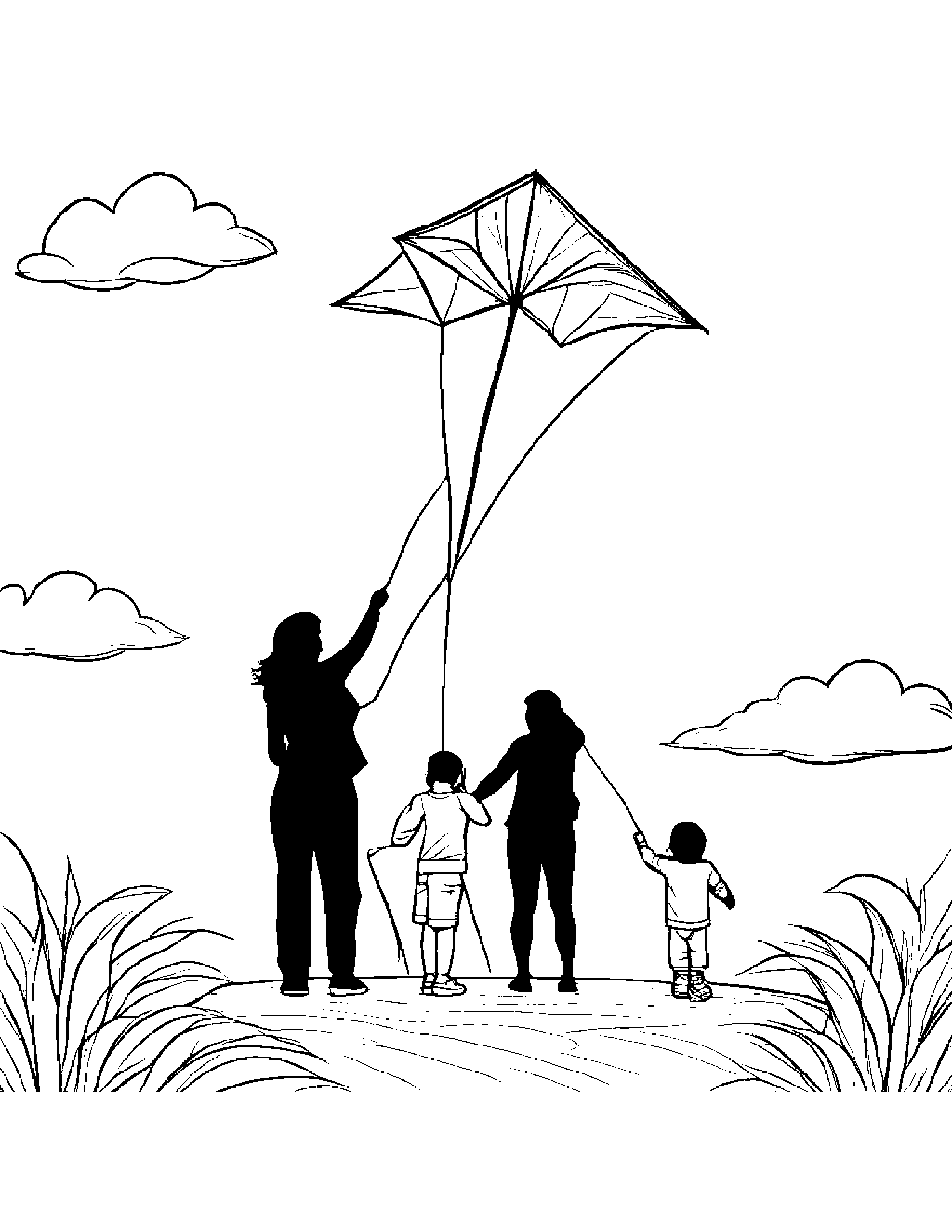A Family Placing Colorful Kites In The Sky For Children Coloring Page (Free Printable PDF)
