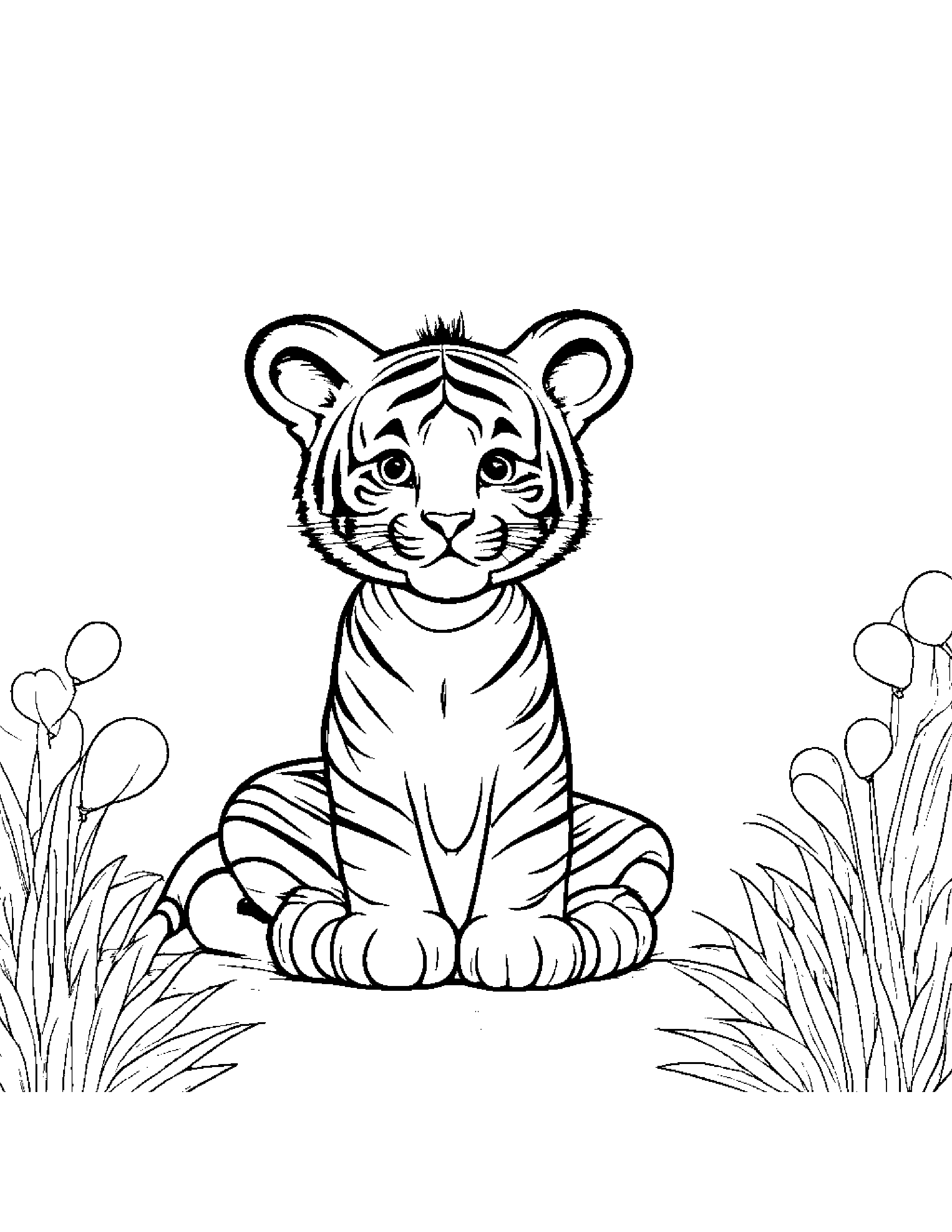Gentle Tiger Cub With Balloon Coloring Page (Free Printable PDF)