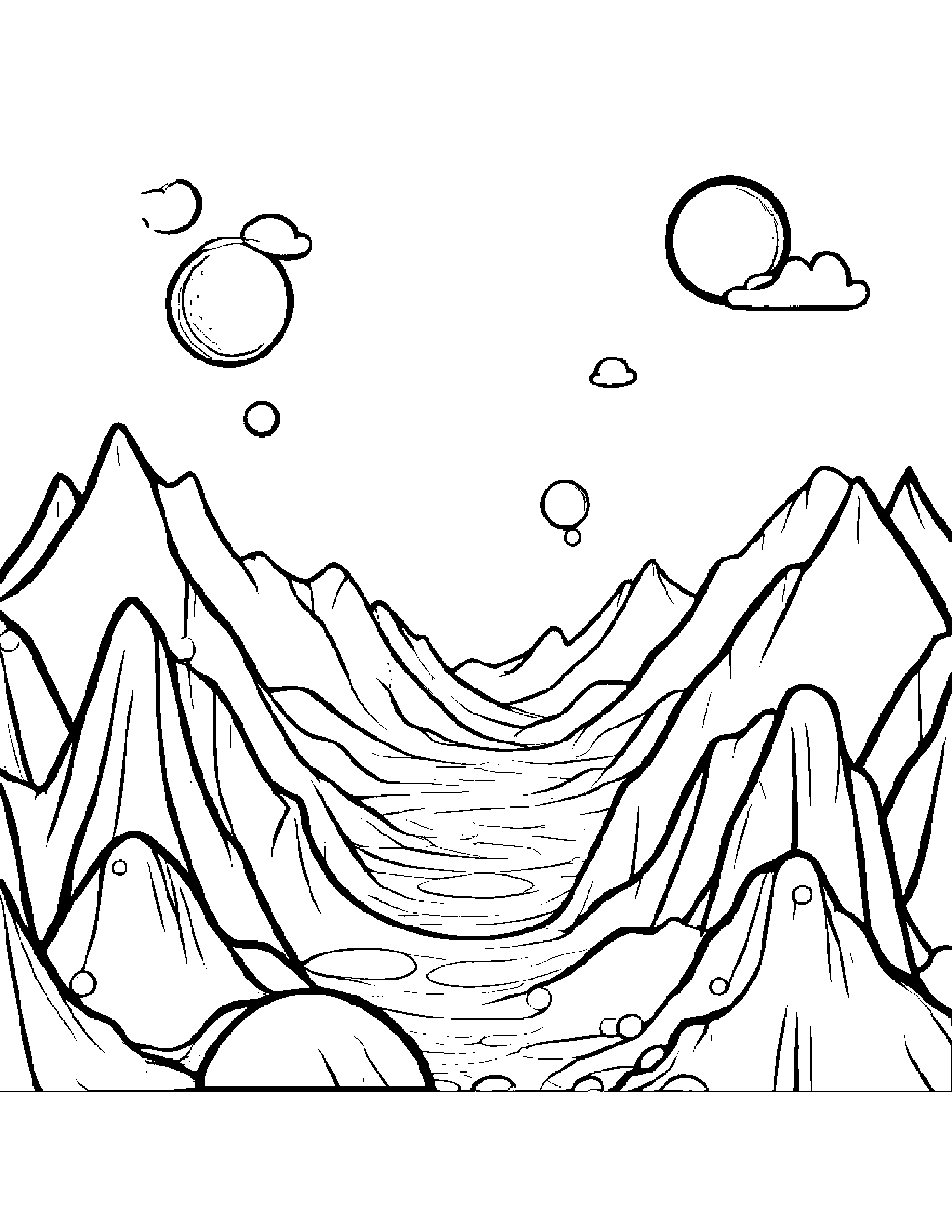 Kawaii Mountain Blowing Bubbles #2 Coloring Page (Free Printable PDF)