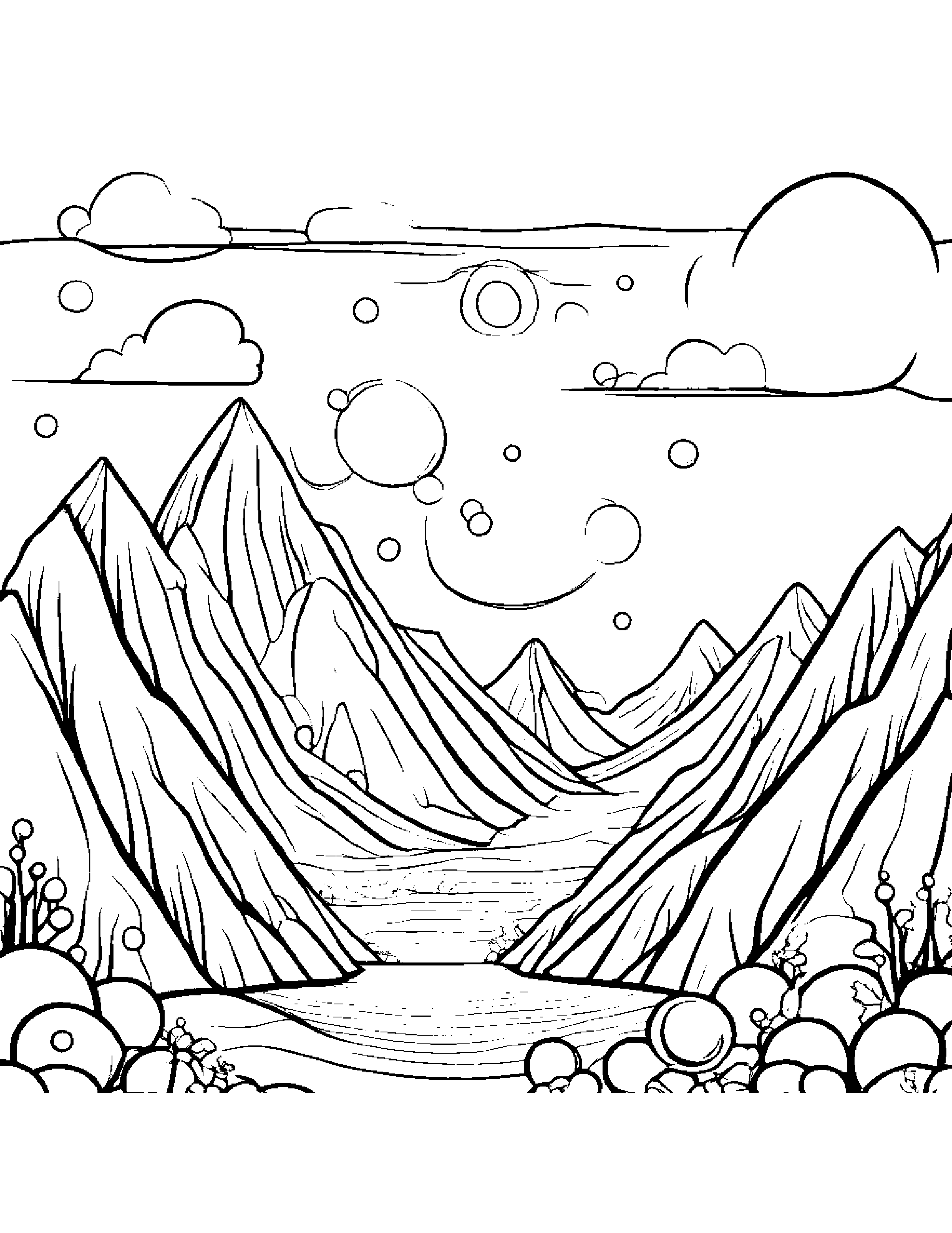 Kawaii Mountain Blowing Bubbles Coloring Page (Free Printable PDF)