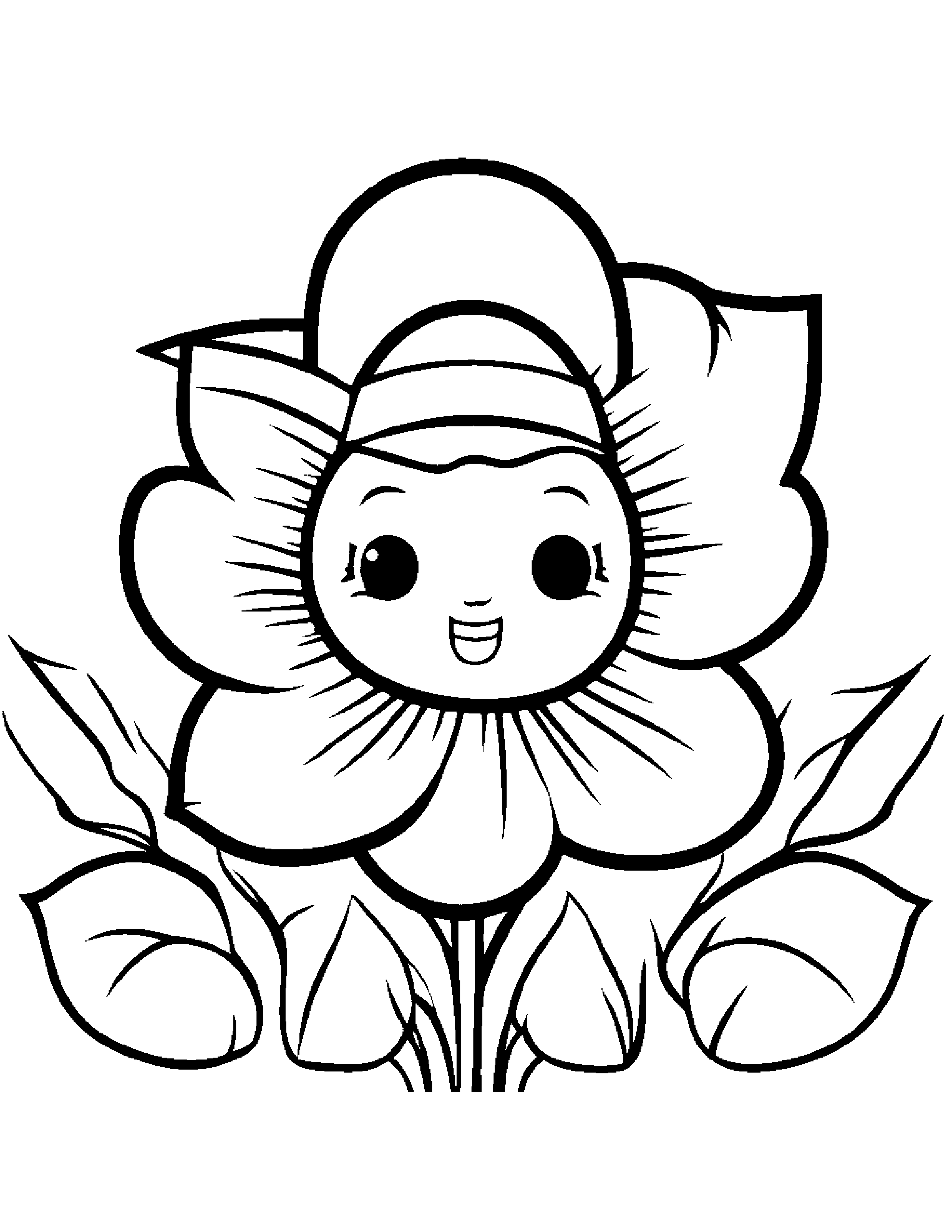 Kawaii Flower Wearing A Hat #2 Coloring Page (Free Printable PDF)