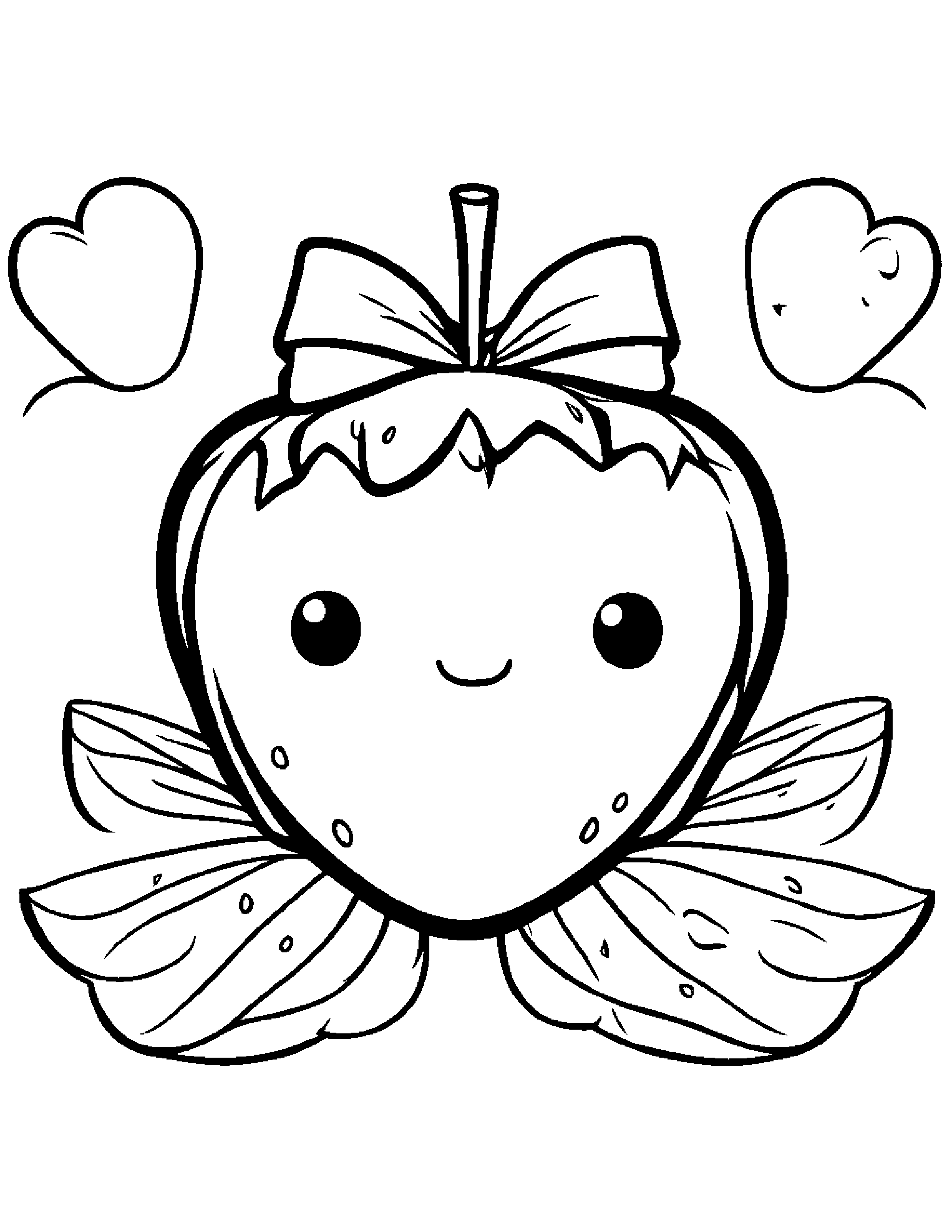 Kawaii Strawberry With A Bow Coloring Page (Free Printable PDF)