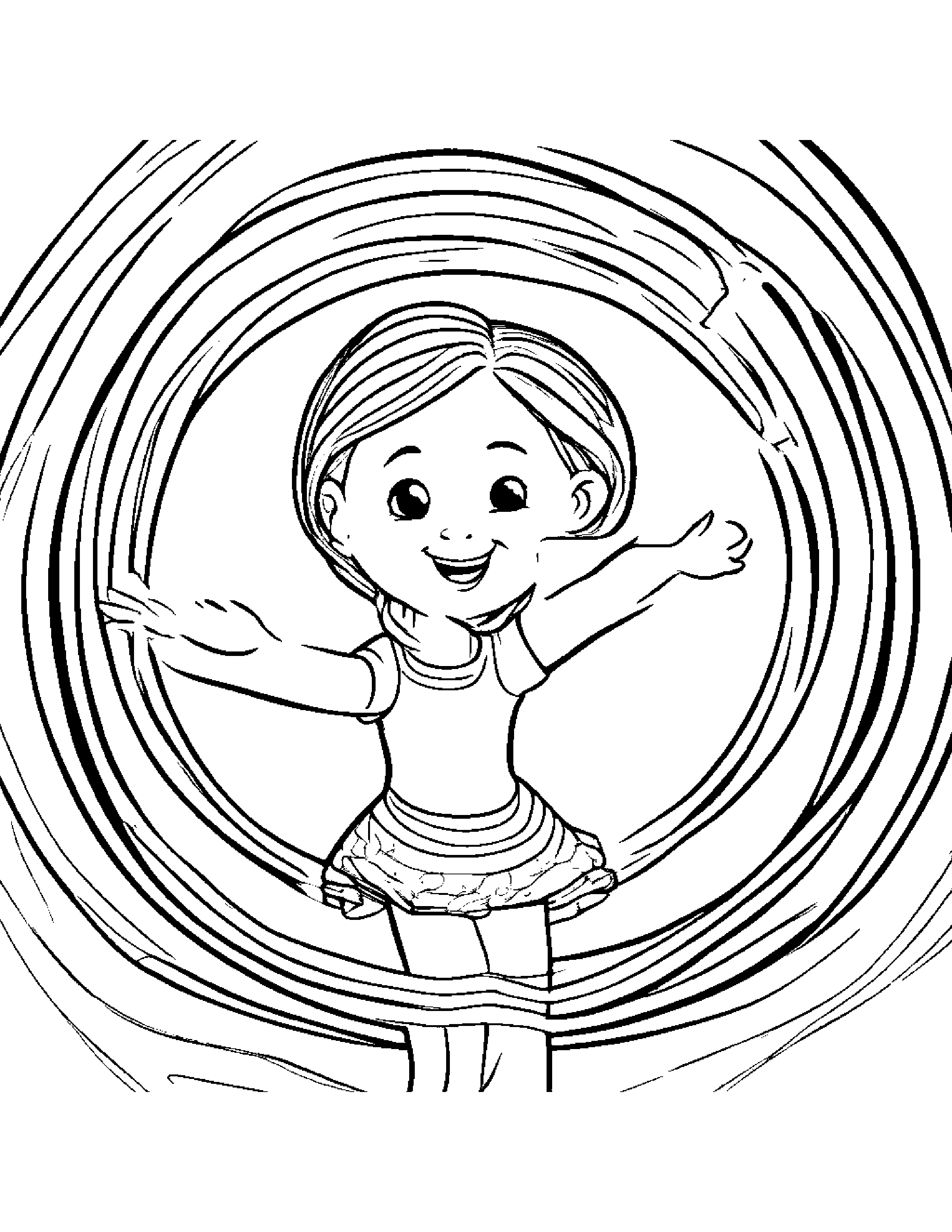 A Little Girl Twirling A Brightly Colored Hula Hoop Coloring Page (Free Printable PDF)