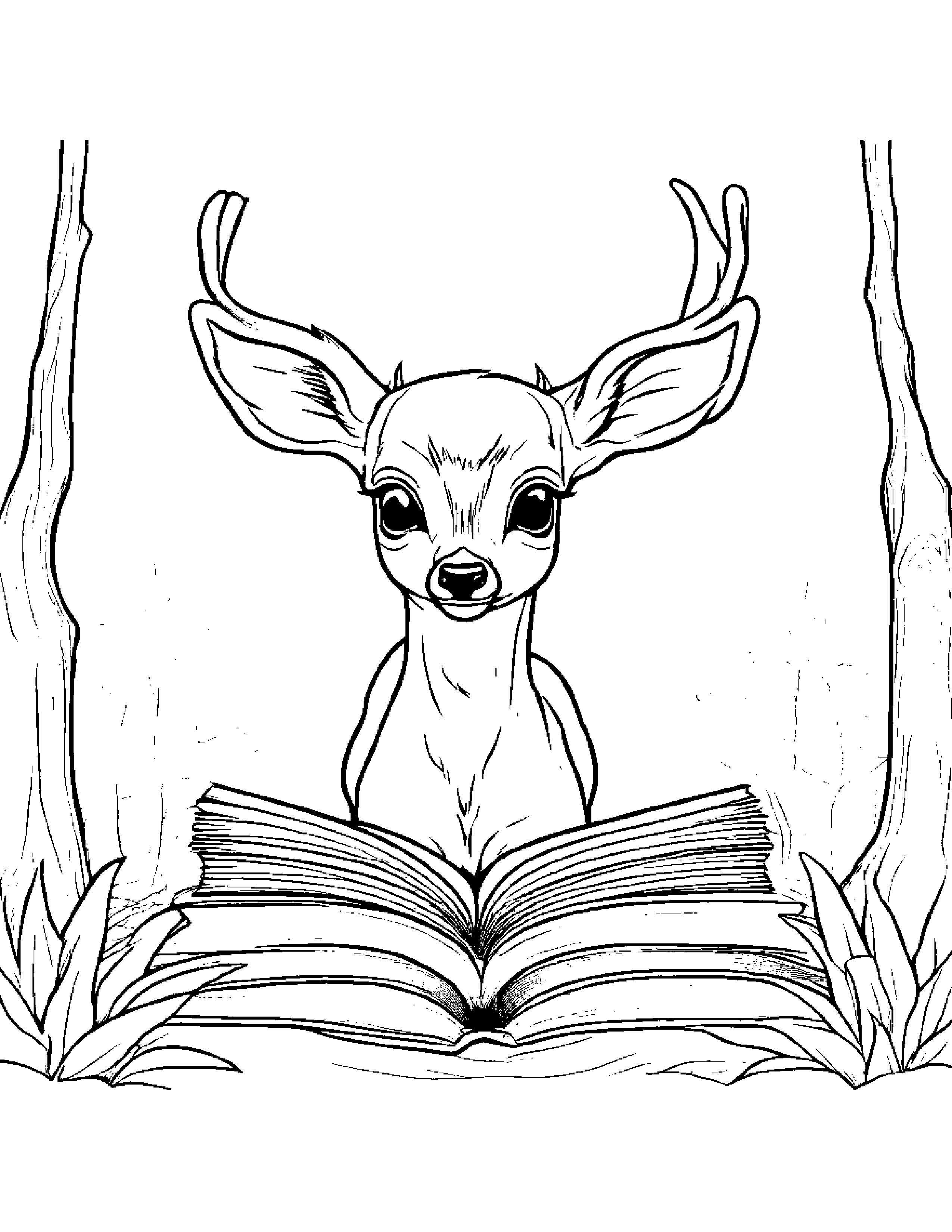 Deer Fawn Reading A Book Coloring Page (Free Printable PDF)