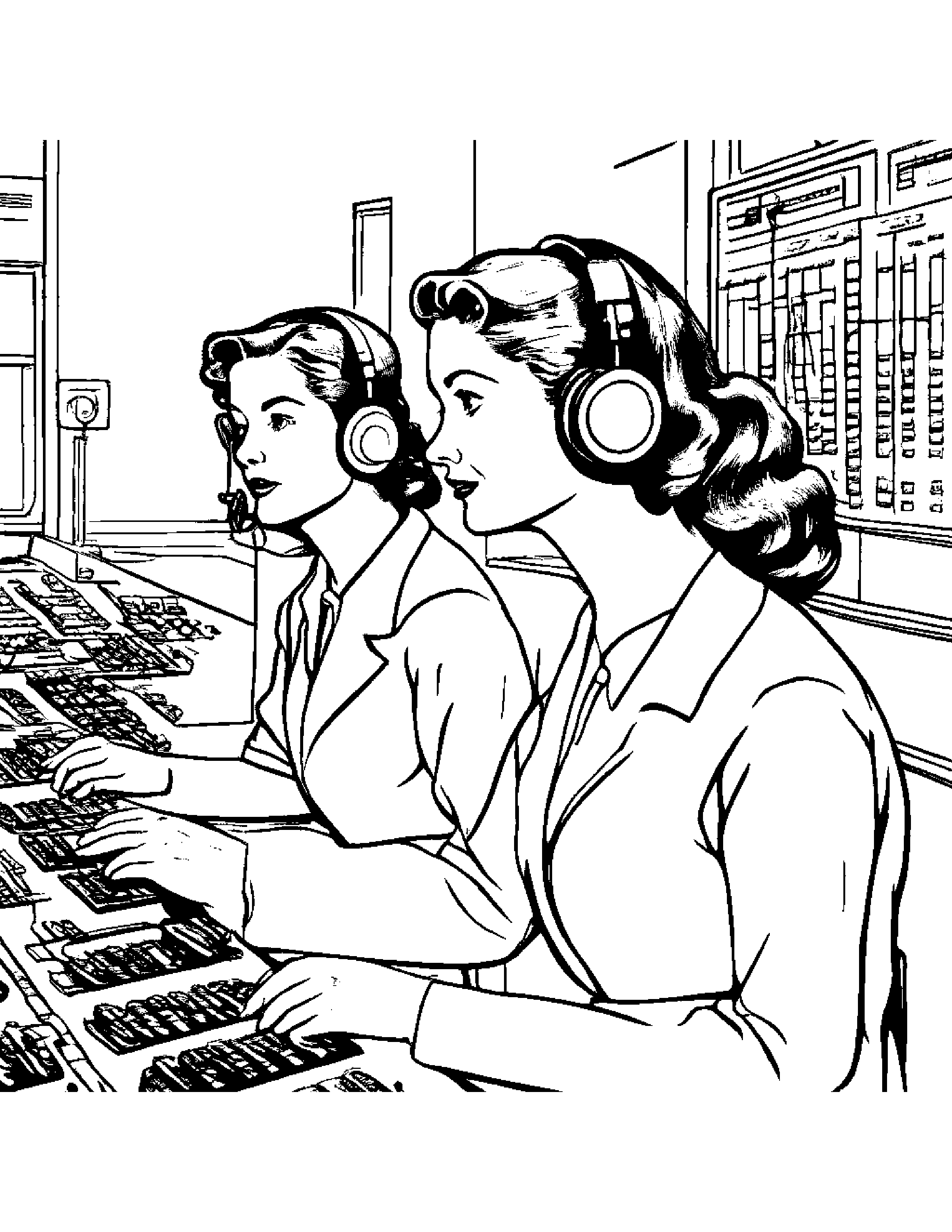 An Old Telephone Operator Switchboard With Operators Coloring Page (Free Printable PDF)