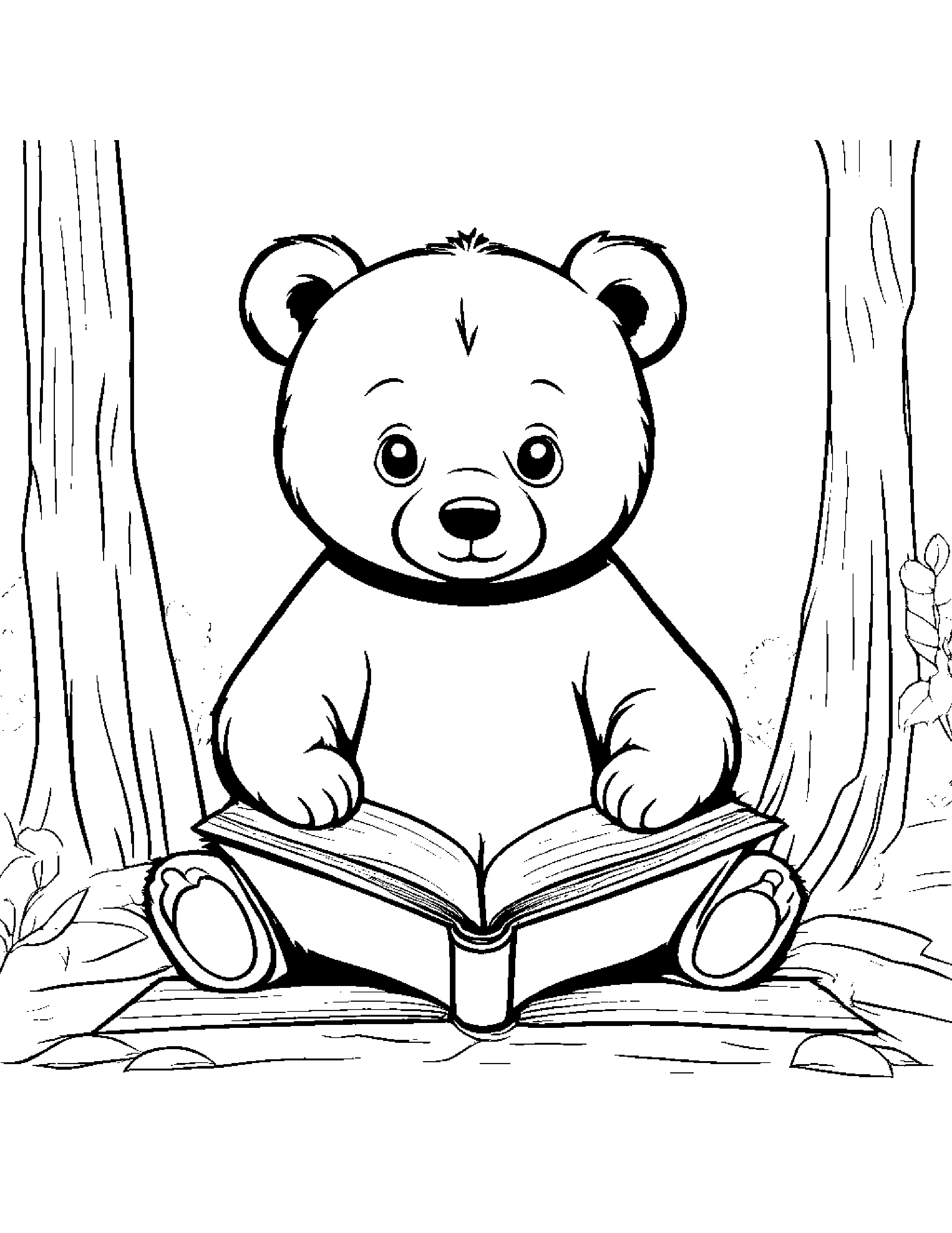 Bear Cub Reading A Book Coloring Page (Free Printable PDF)