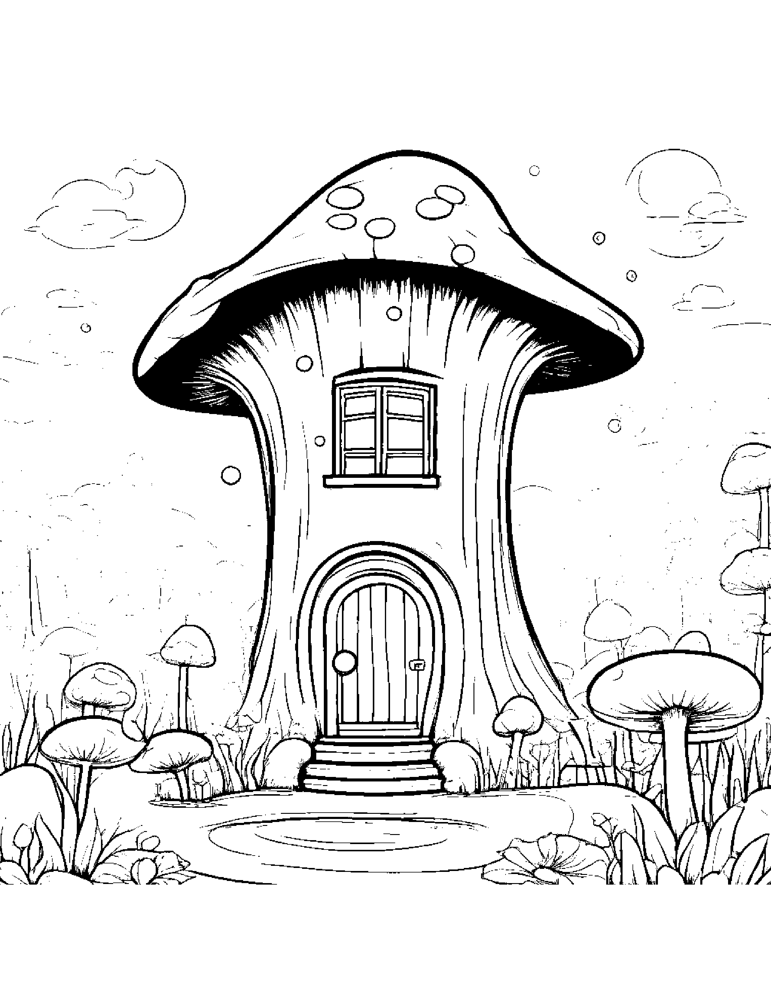 Mushroom House Blowing Bubbles Coloring Page (Free Printable PDF)