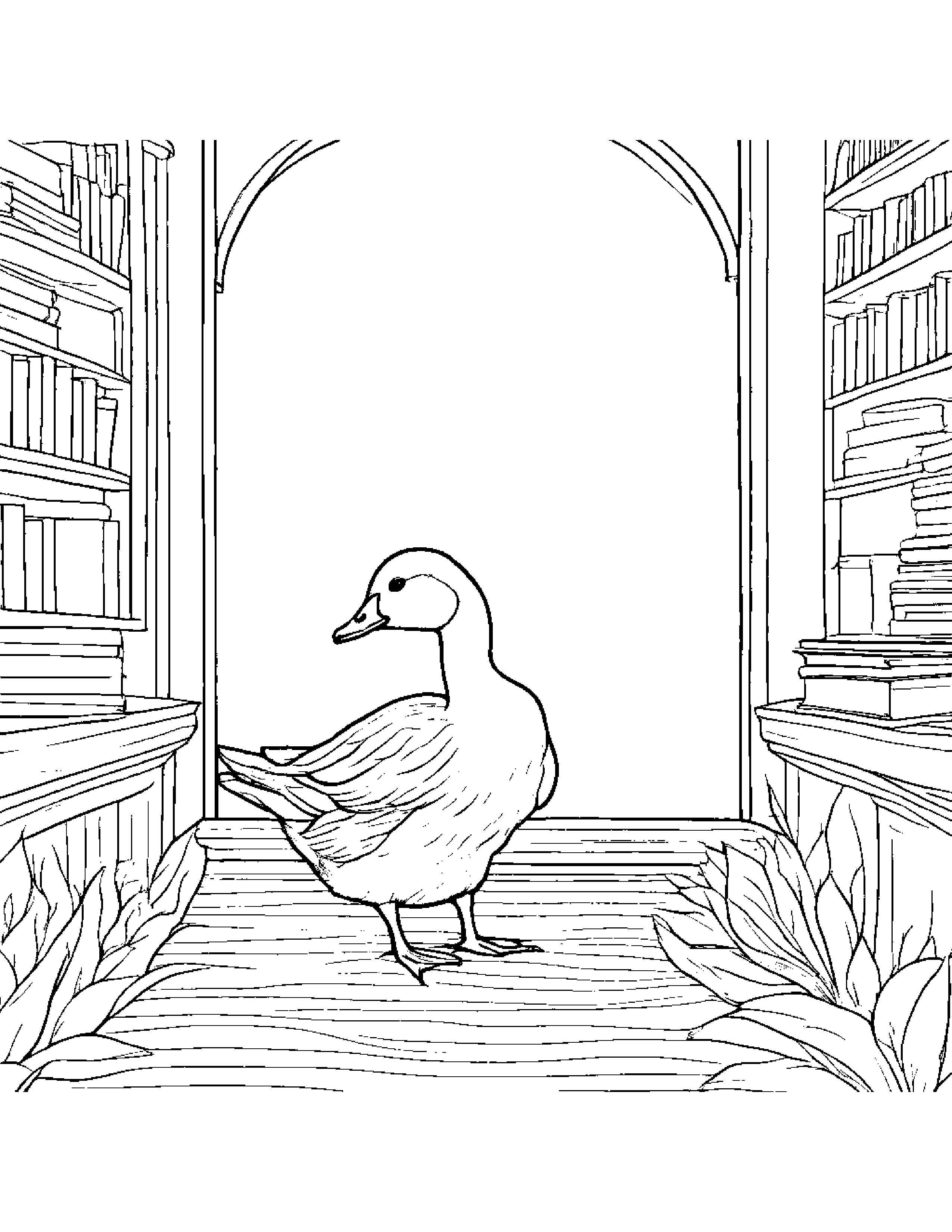 Gentle Gosling By A Reading Nook #2 Coloring Page (Free Printable PDF)