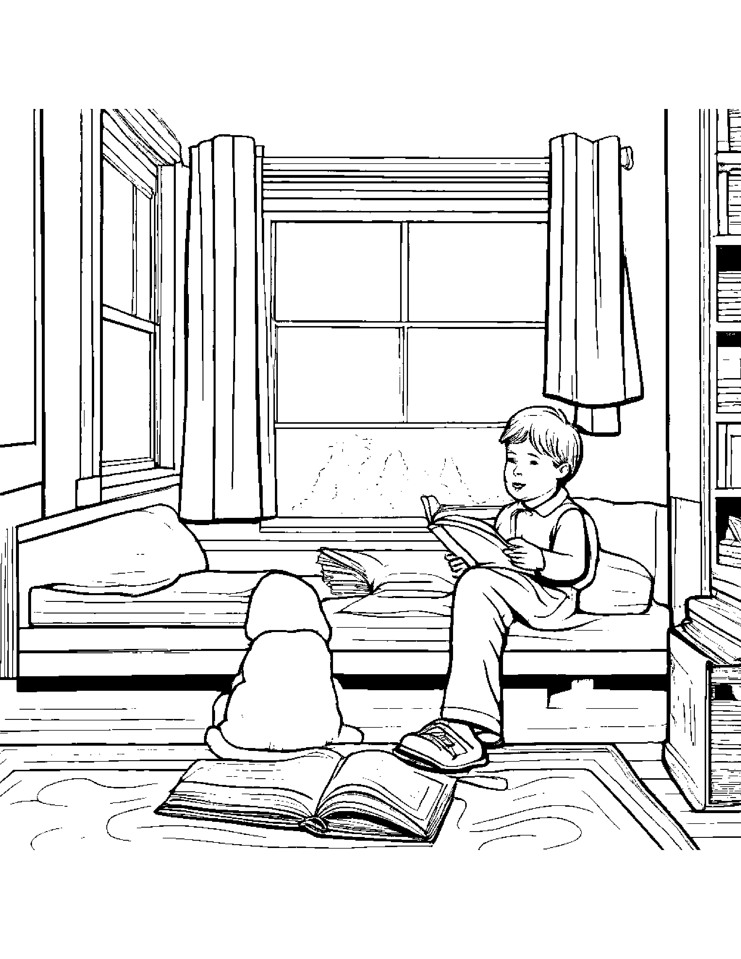 Lunchbox Reading A Storybook By A Reading Nook #4 Coloring Page (Free Printable PDF)