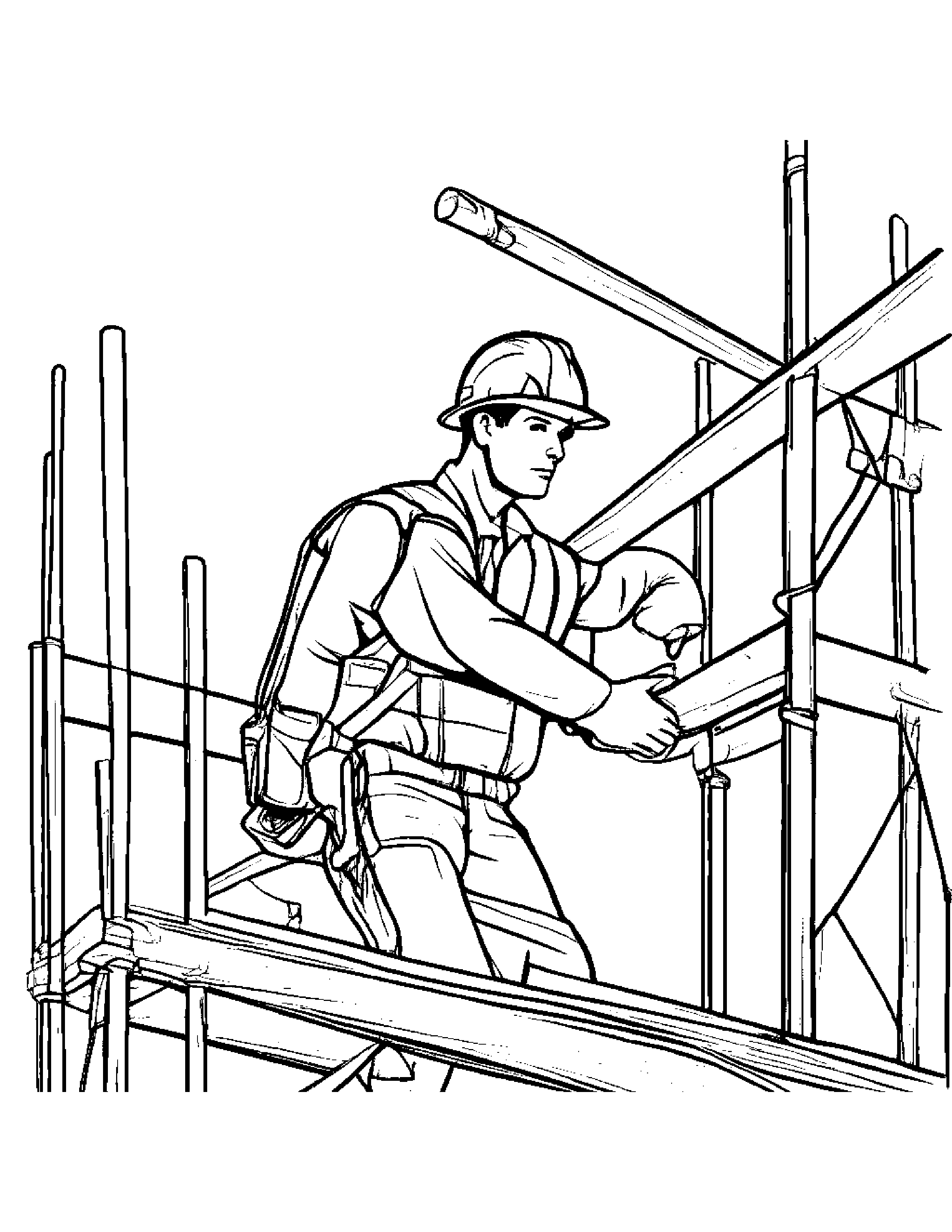 A Construction Worker Carrying Heavy Construction Equipment Up Scaffolding Coloring Page (Free Printable PDF)