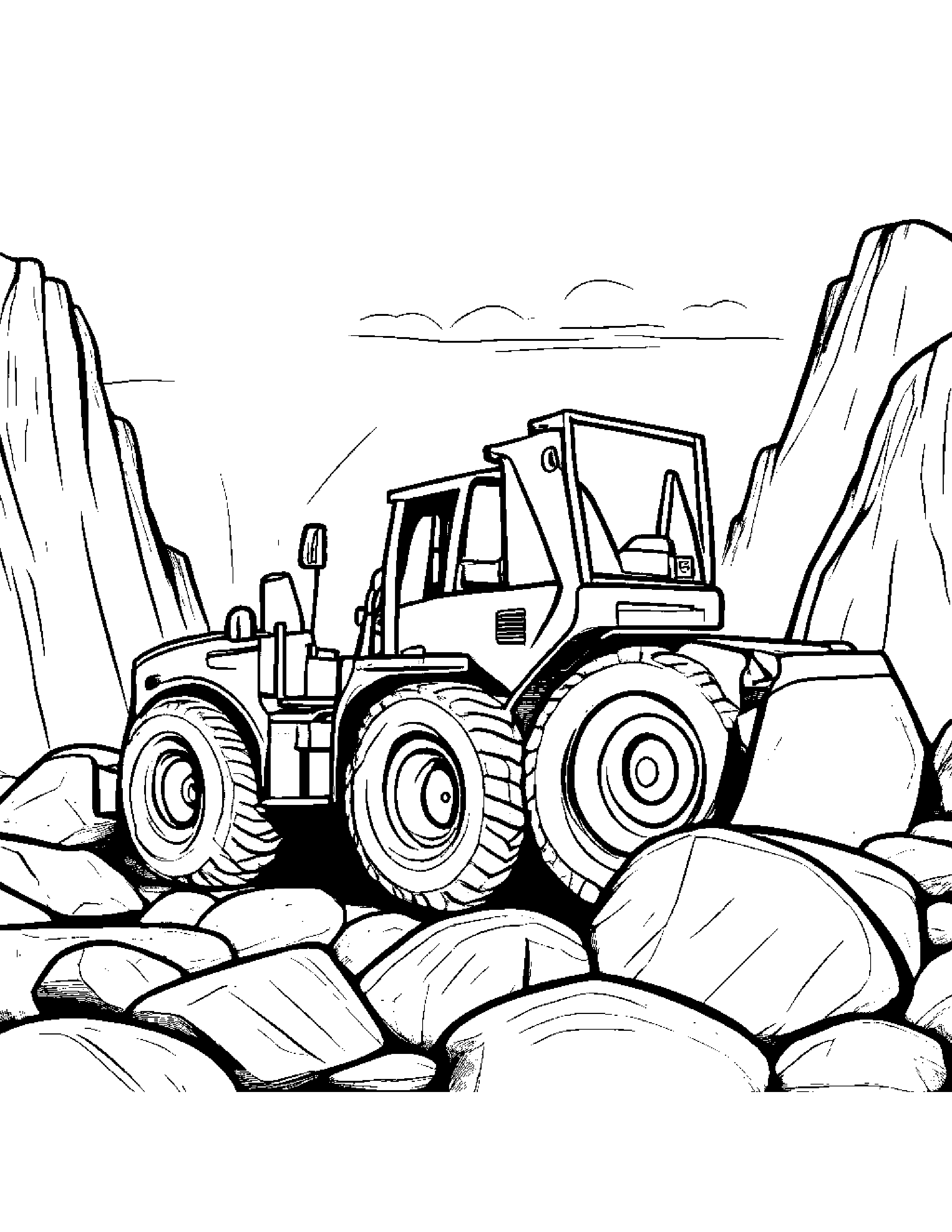 A Construction Worker Operating Heavy Machinery To Move Large Rocks Coloring Page (Free Printable PDF)