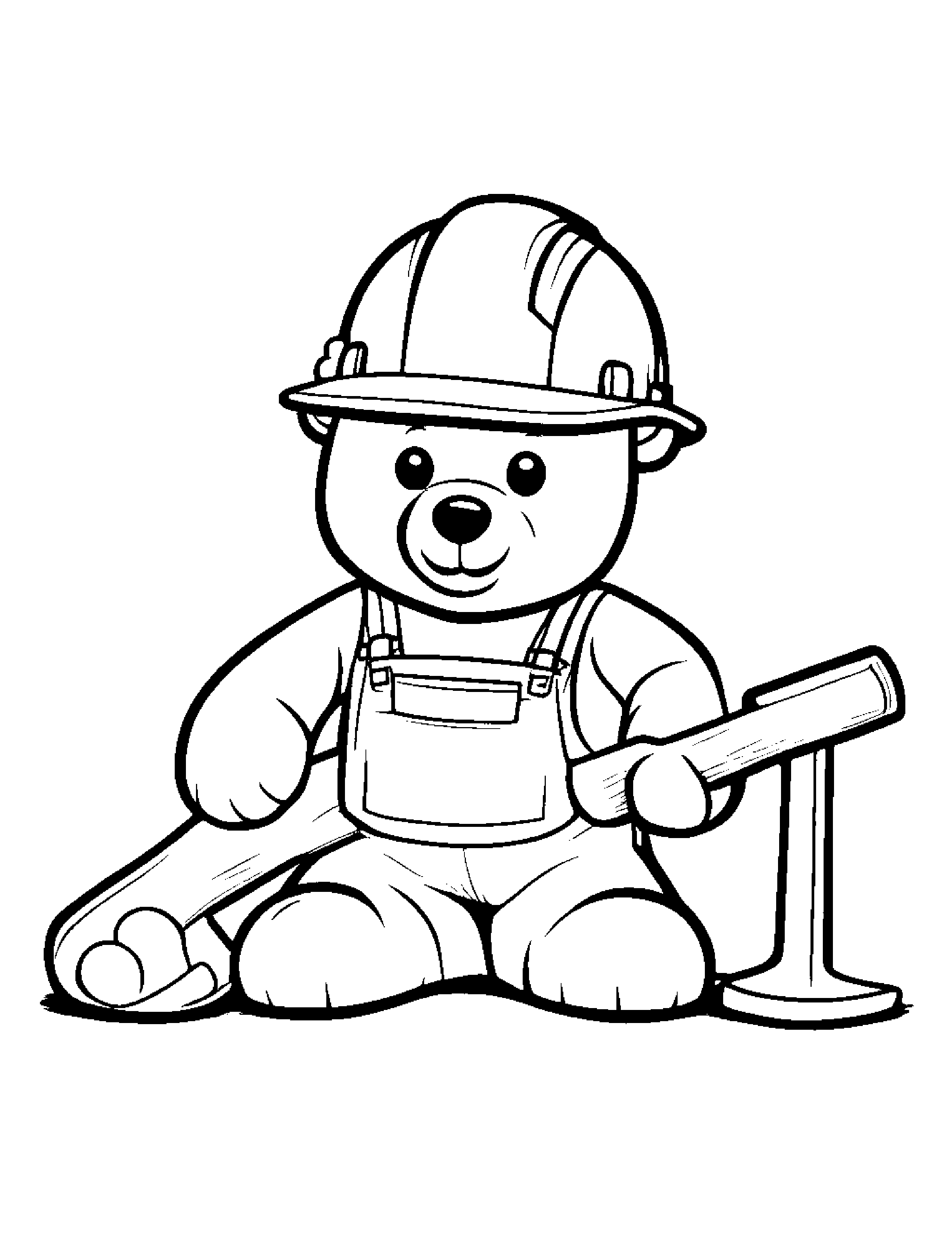 A Construction Worker Teddy Bear Holding A Hard Hat And Hammer Coloring Page (Free Printable PDF)