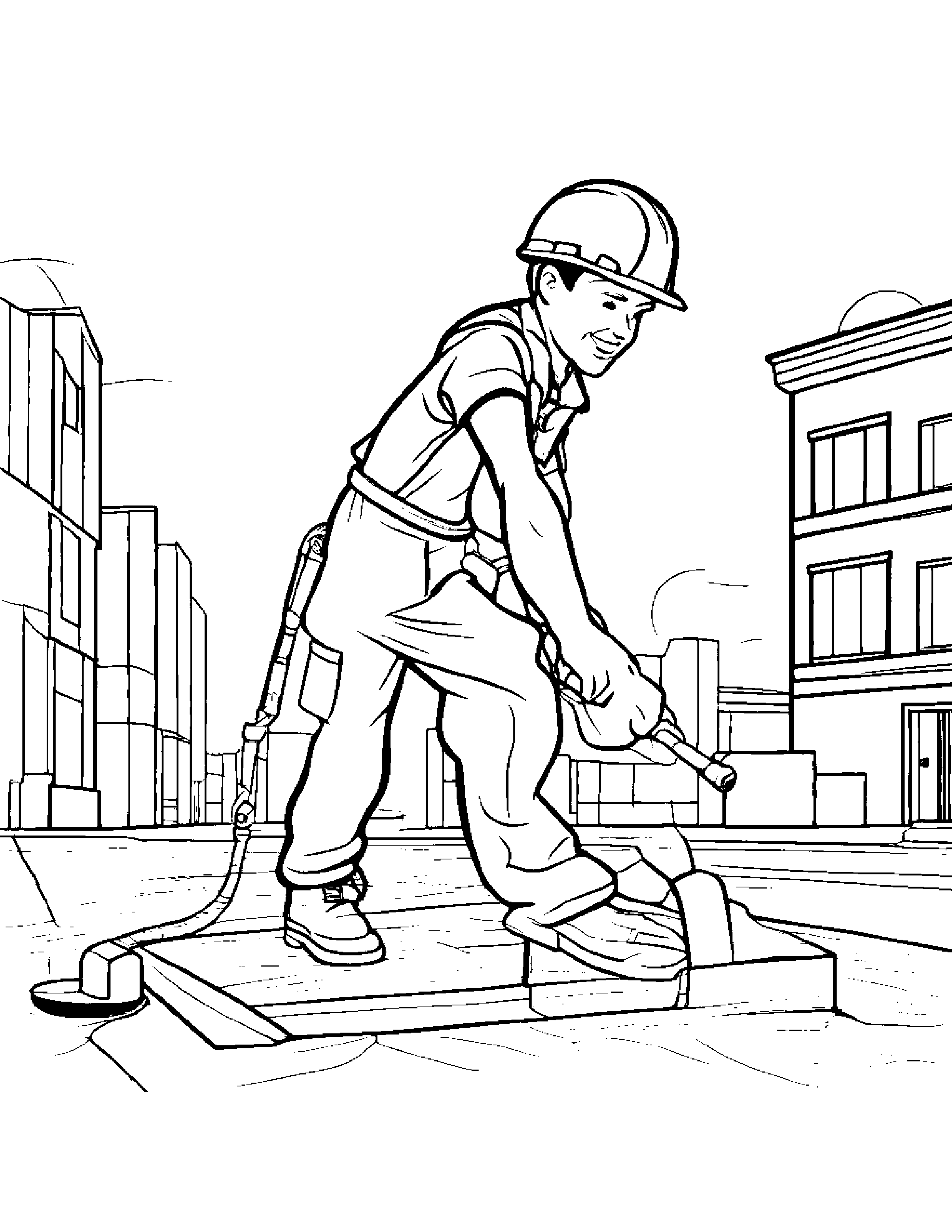 A Construction Worker Using A Jackhammer To Break Pavement Coloring Page (Free Printable PDF)