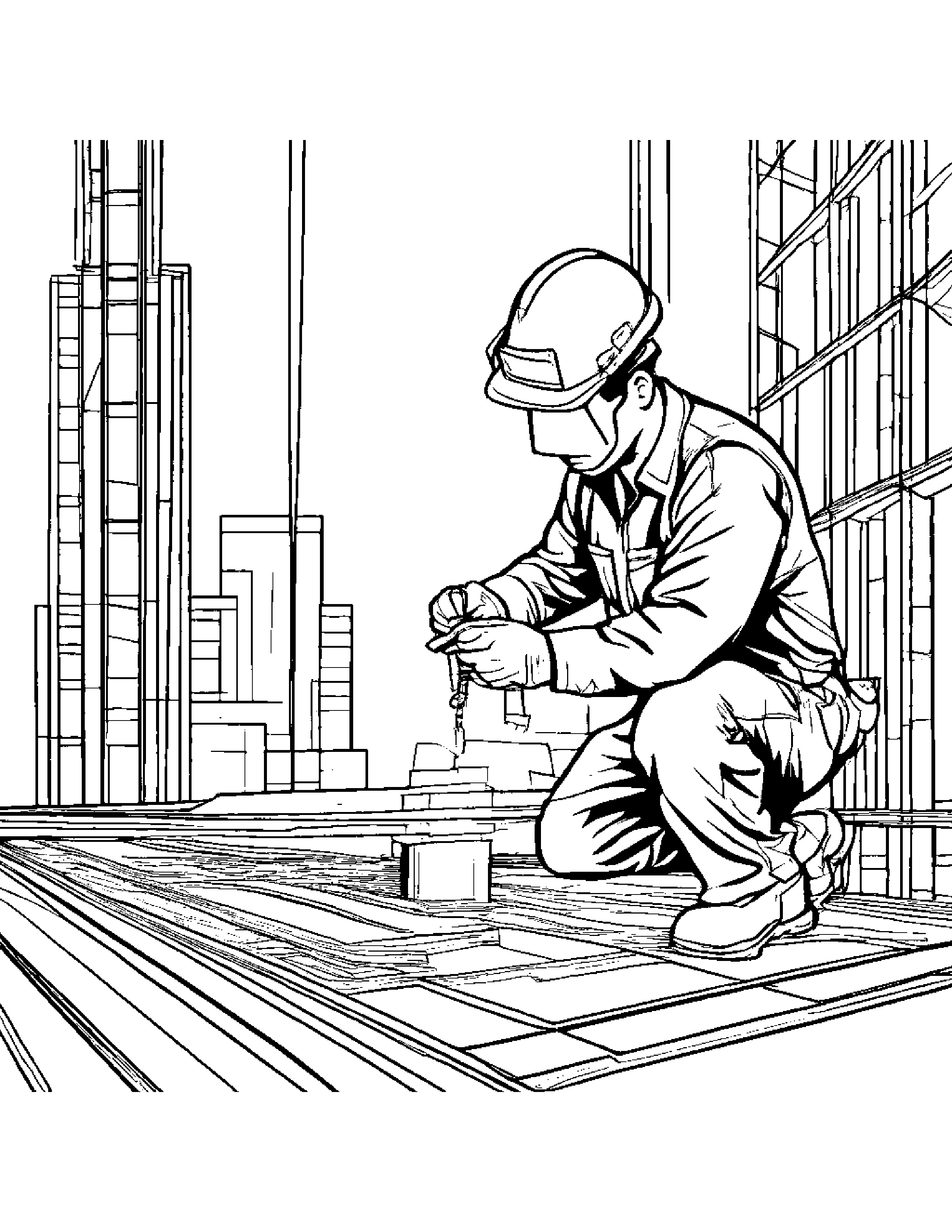 A Construction Worker Welding Together Pieces Of Steel For A Skyscraper Under Construction Coloring Page (Free Printable PDF)