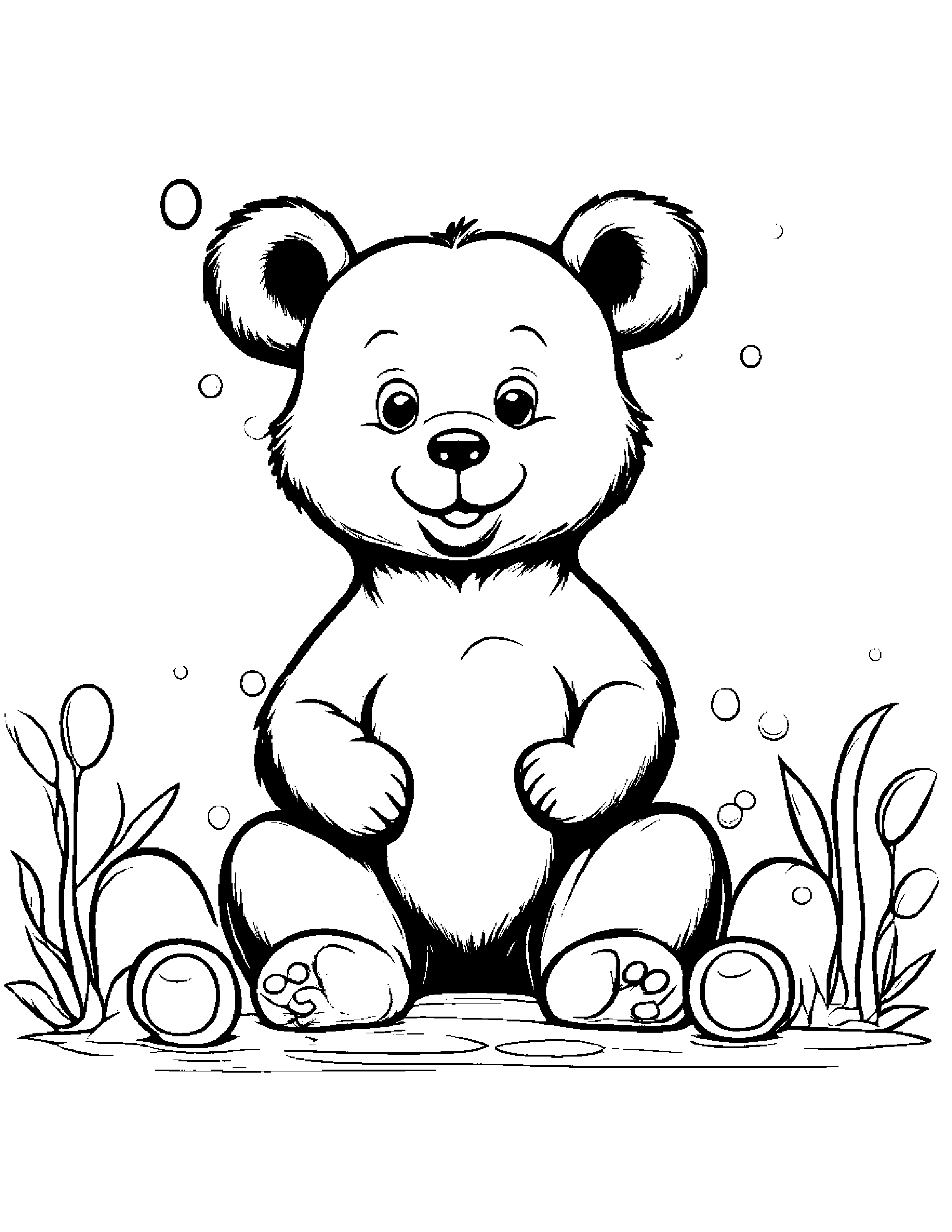 Smiling Bear Cub Blowing Bubbles #2 Coloring Page (Free Printable PDF)