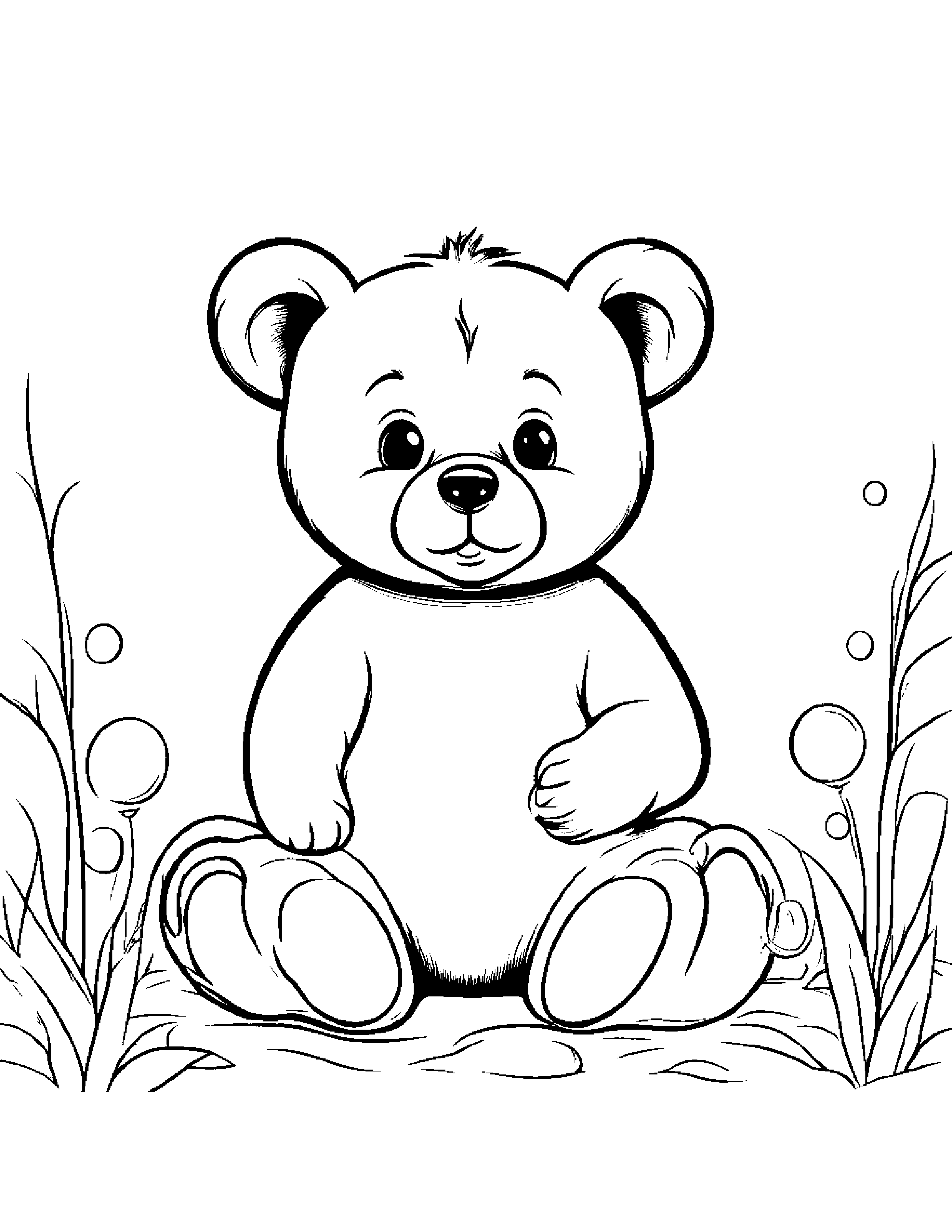 Smiling Bear Cub Blowing Bubbles Coloring Page (Free Printable PDF)