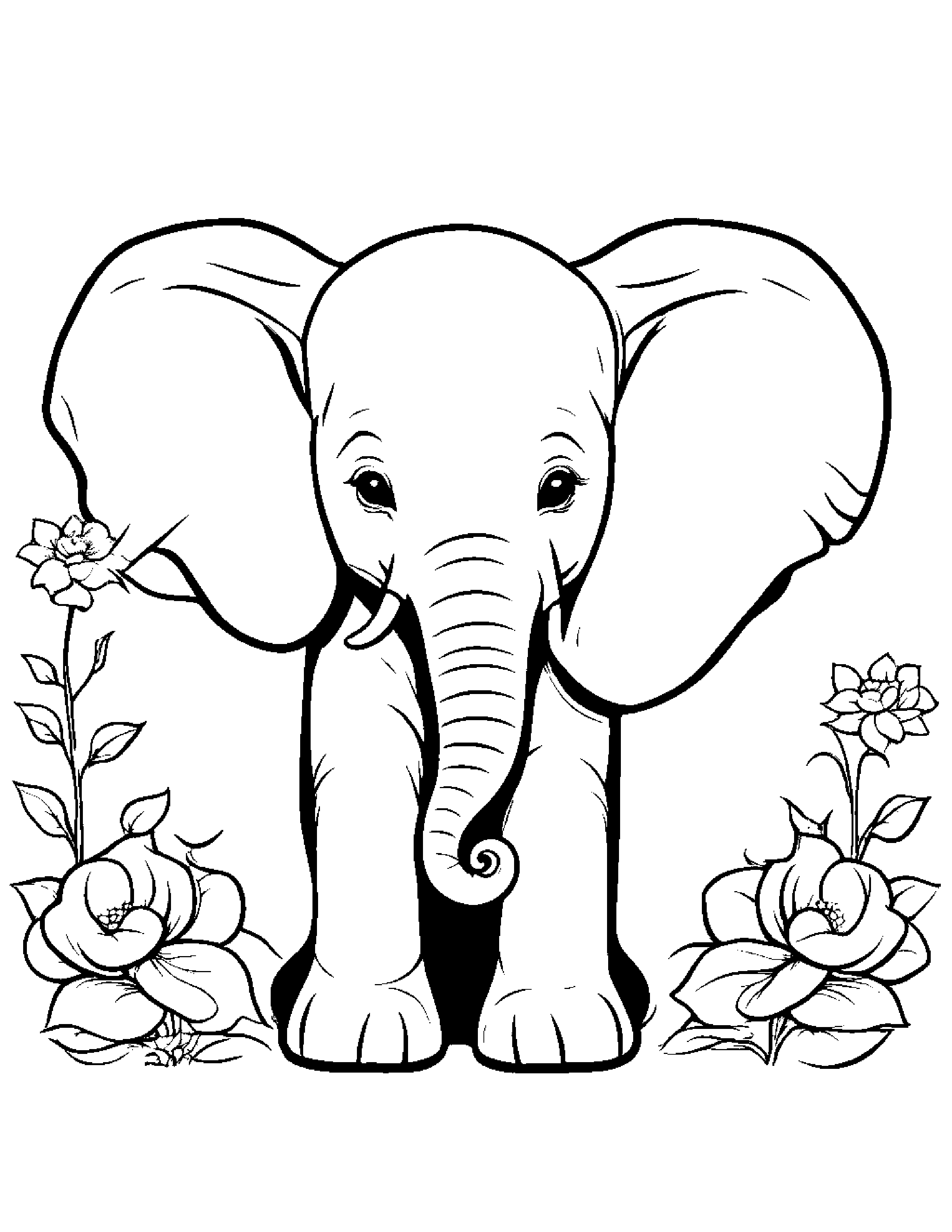Baby Elephant Calf With A Flower #2 Coloring Page (Free Printable PDF)
