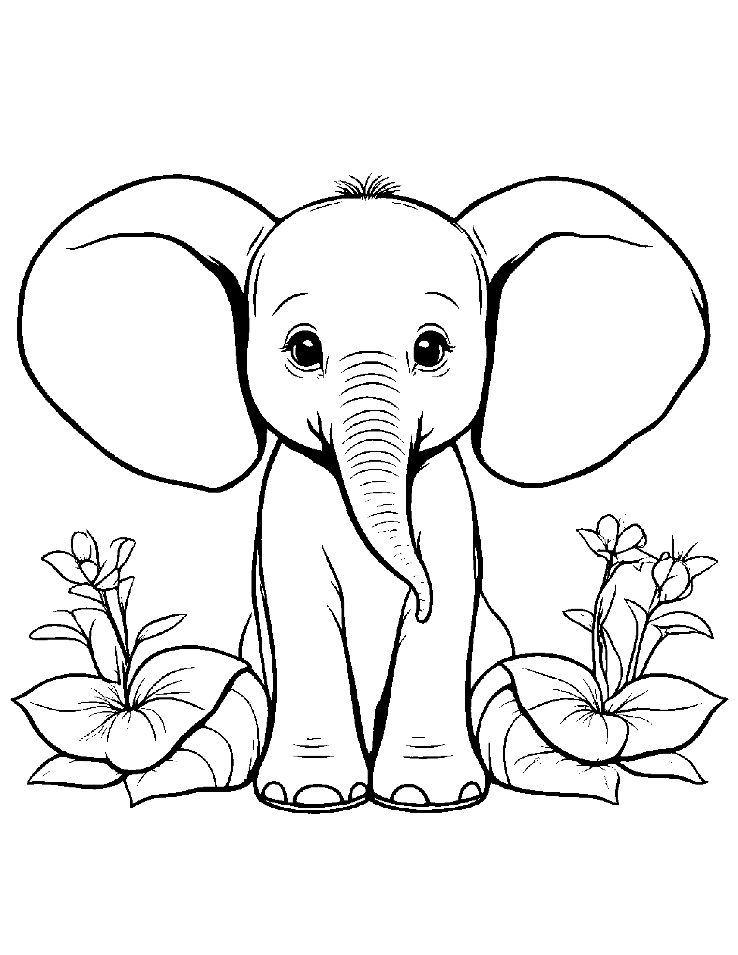 Baby Elephant Calf With A Flower Coloring Page (Free Printable PDF)