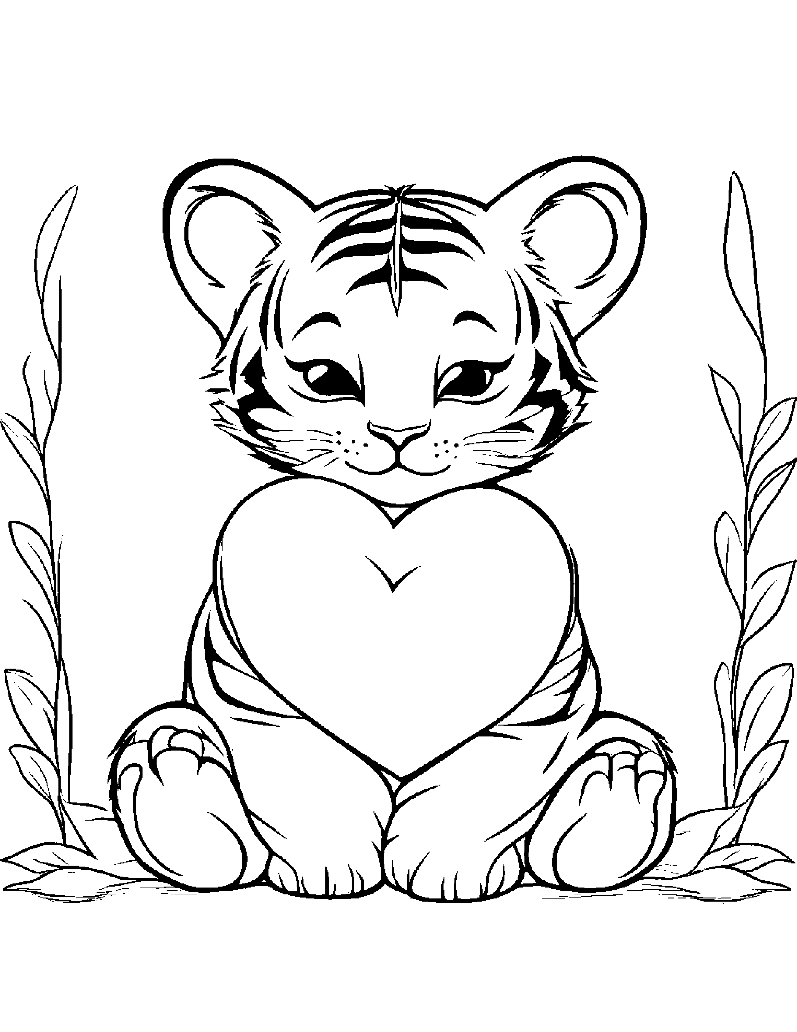Sleepy Tiger Cub Hugging A Heart Coloring Page (Free Printable PDF)