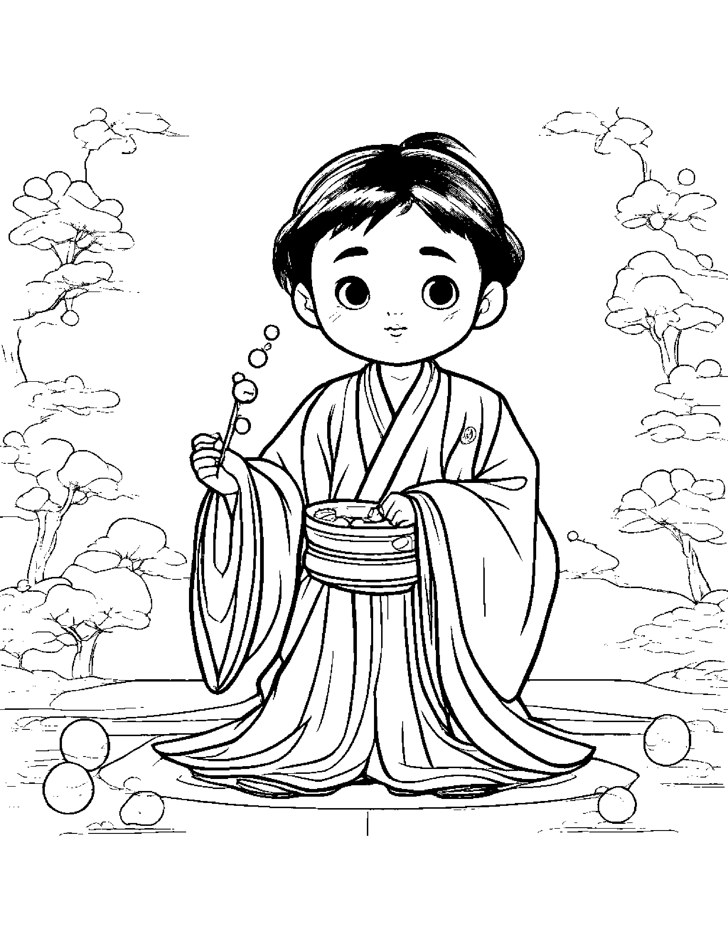A Boy Blowing Bubbles While Wearing A Traditional Chinese Hanfu Outfit Coloring Page (Free Printable PDF)