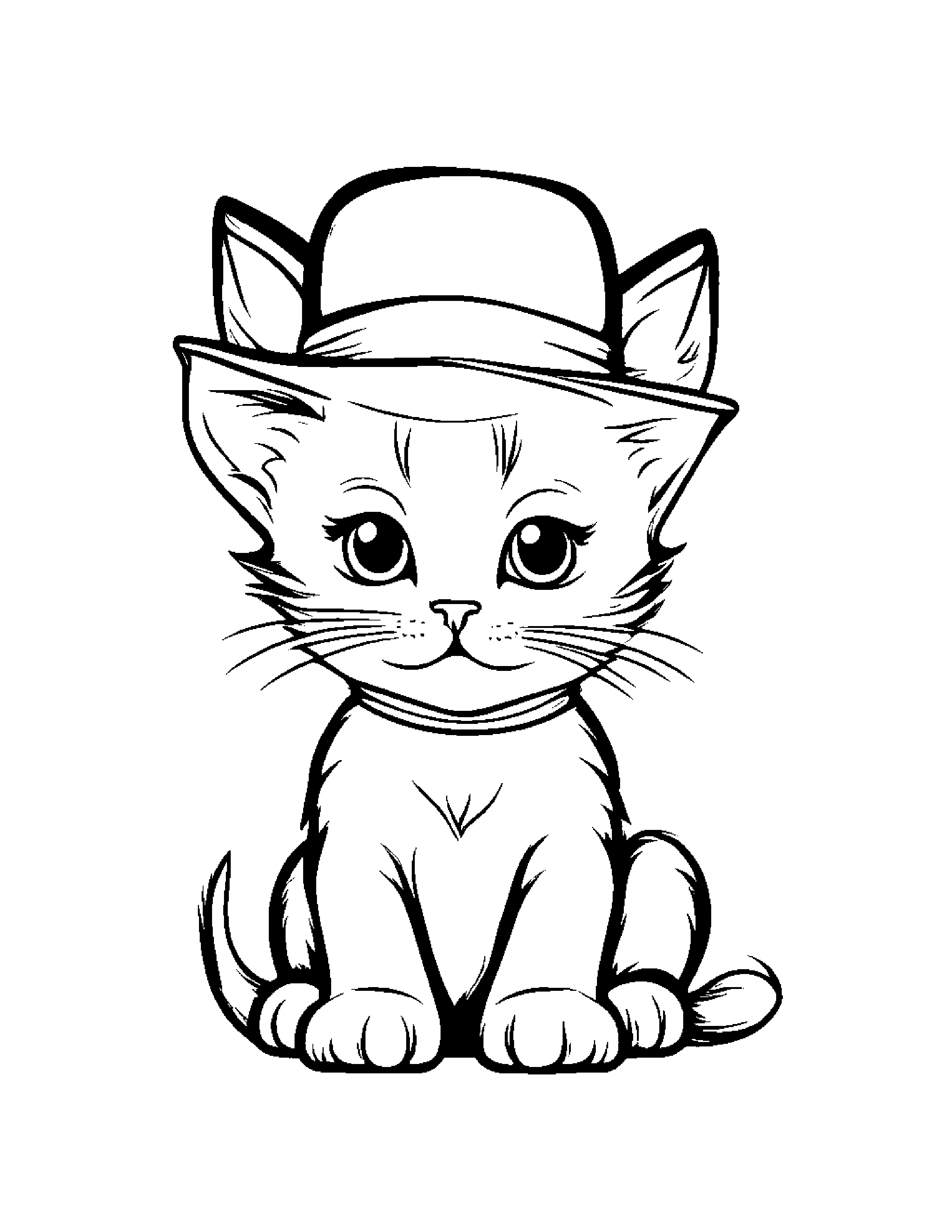 Kitten Wearing A Hat #2 Coloring Page (Free Printable PDF)