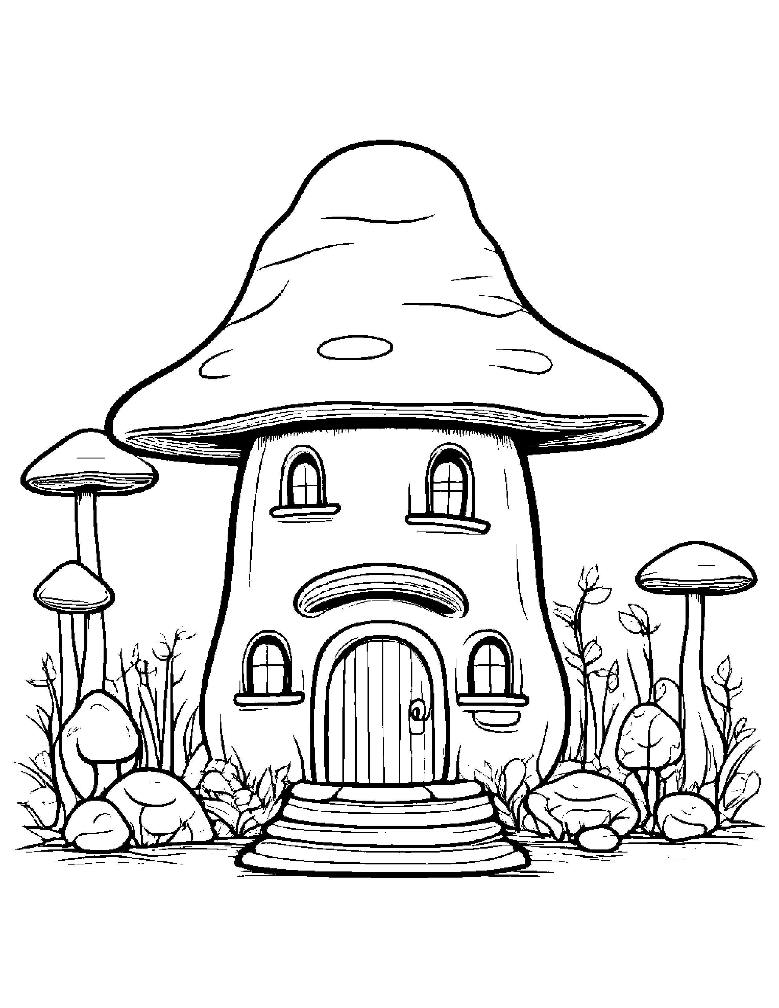 Smiling Mushroom House With Scarf #2 Coloring Page (Free Printable PDF)