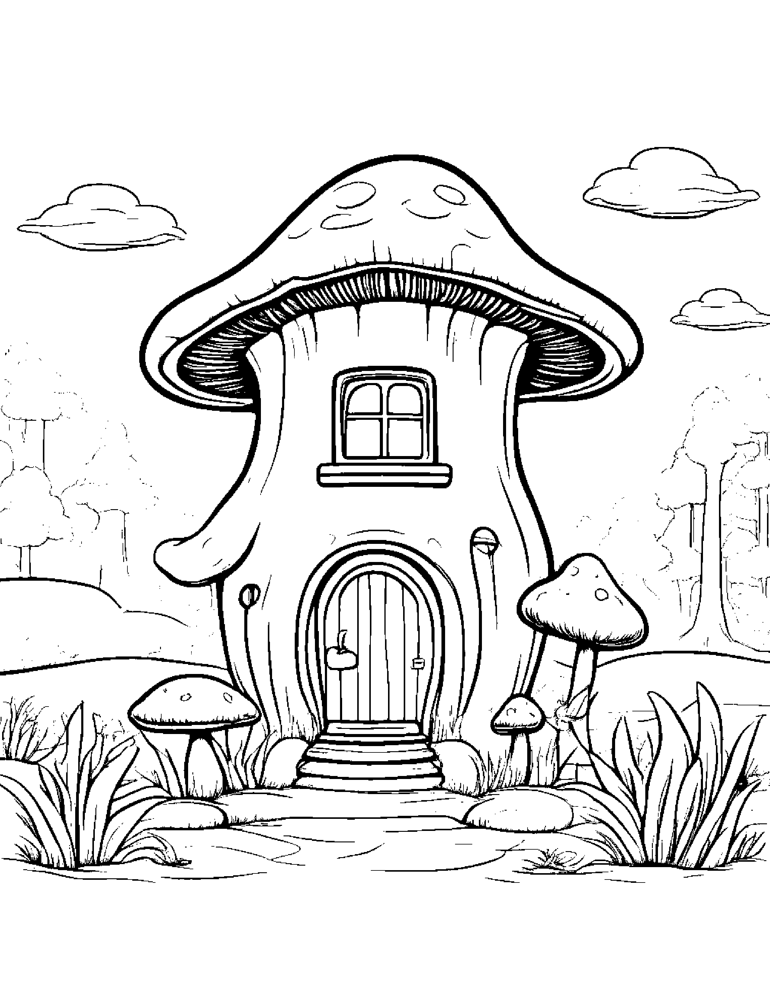 Smiling Mushroom House With Scarf Coloring Page (Free Printable PDF)