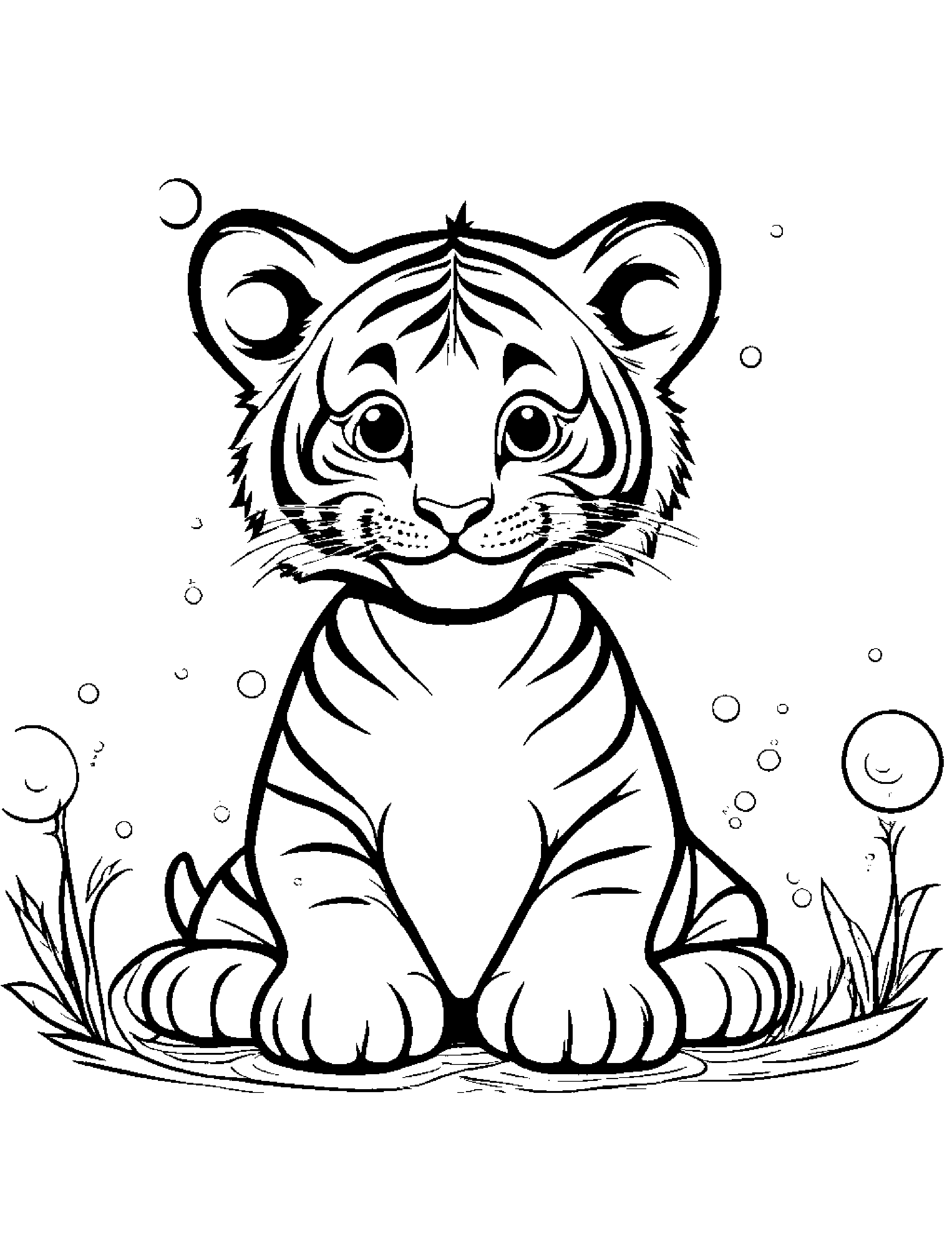 Smiling Tiger Cub Blowing Bubbles #2 Coloring Page (Free Printable PDF)