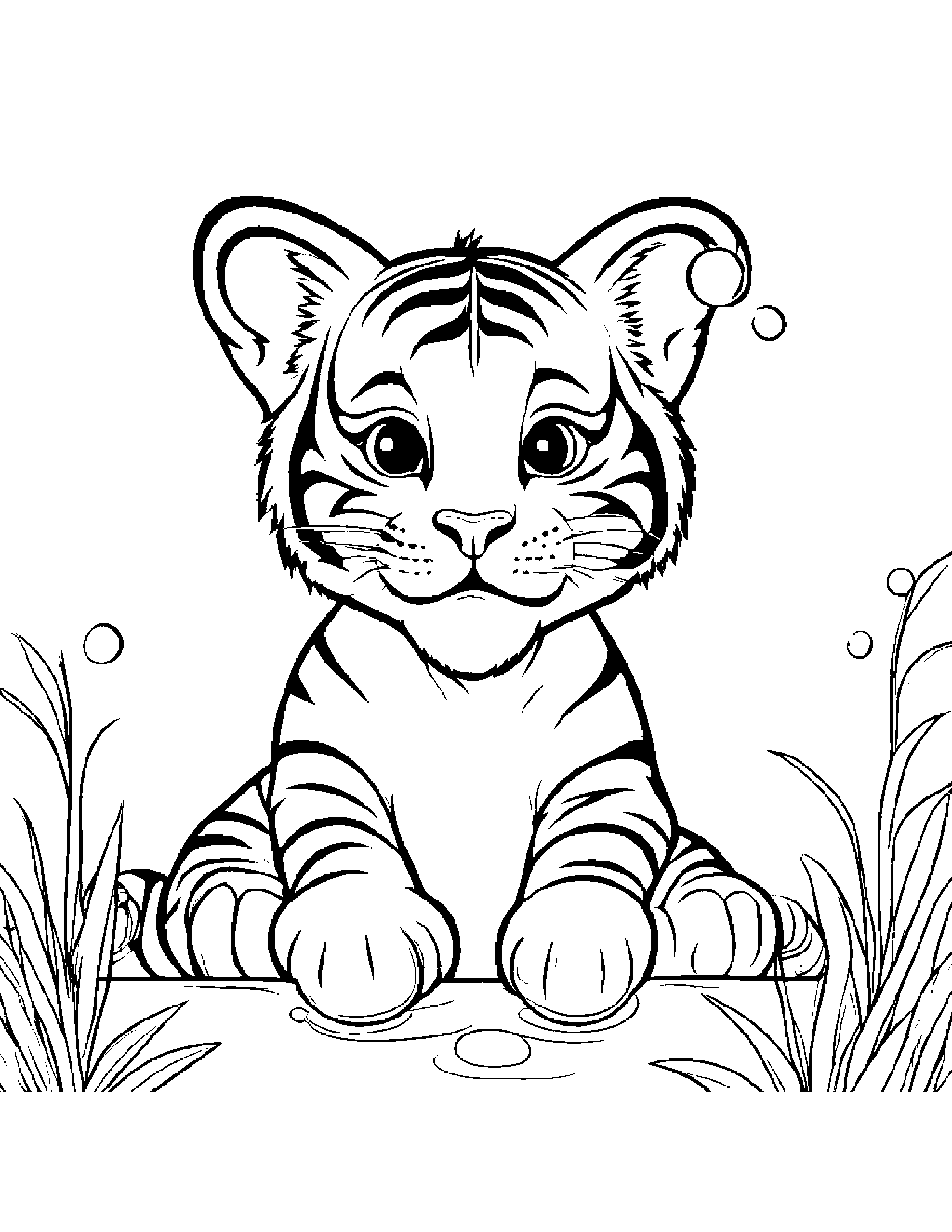 Smiling Tiger Cub Blowing Bubbles Coloring Page (Free Printable PDF)