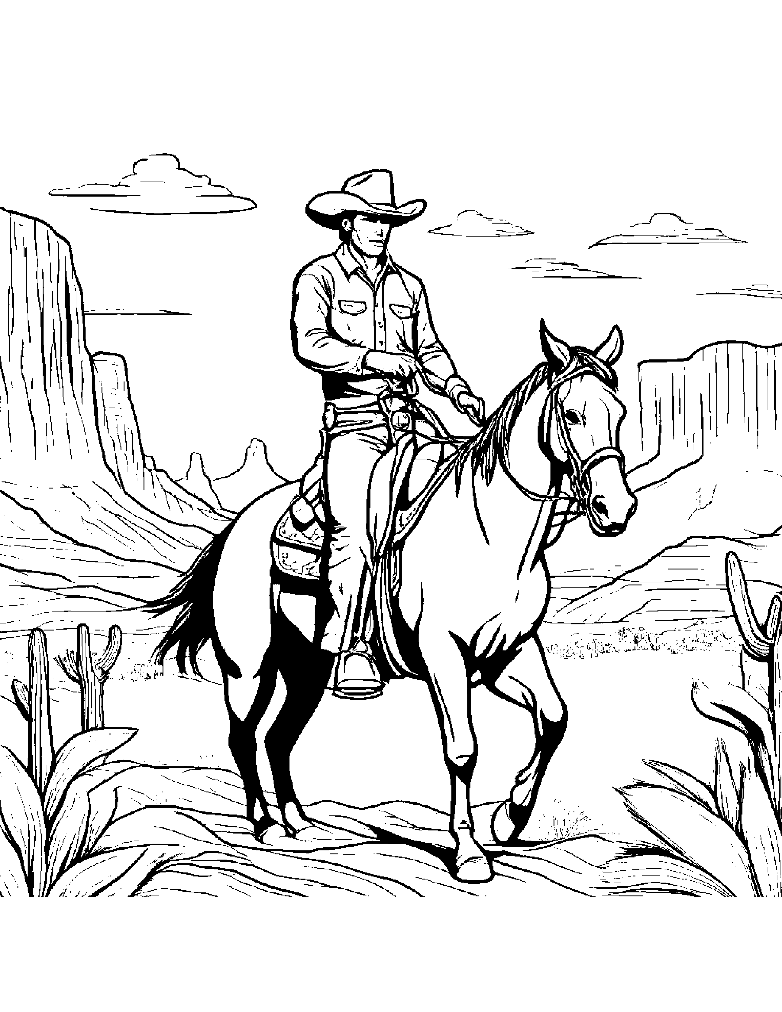 A Cowboy Riding His Trusty Horse Through The Wild West Coloring Page (Free Printable PDF)