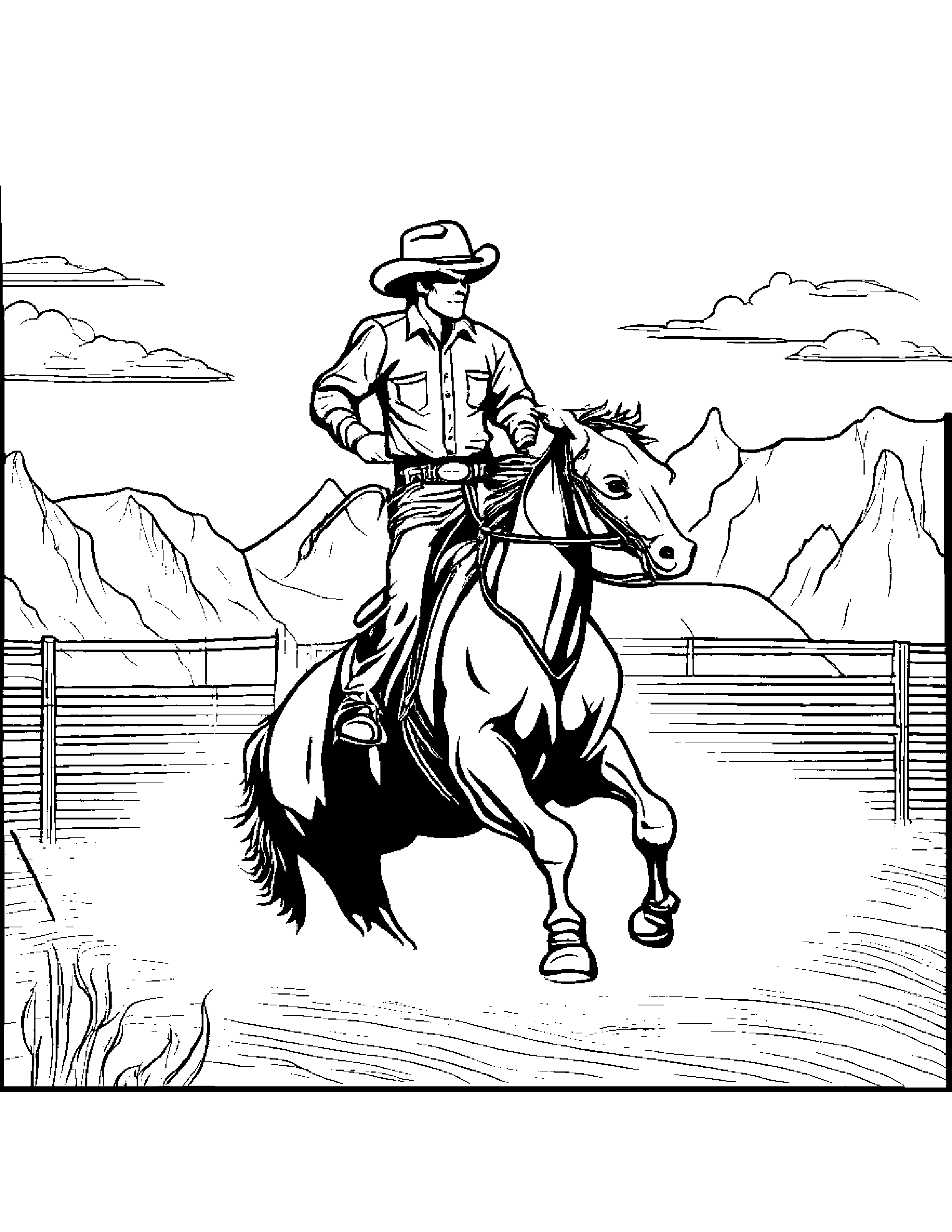 A Cowboy Rodeo Event With Cowboy And Bucking Horse Coloring Page (Free Printable PDF)