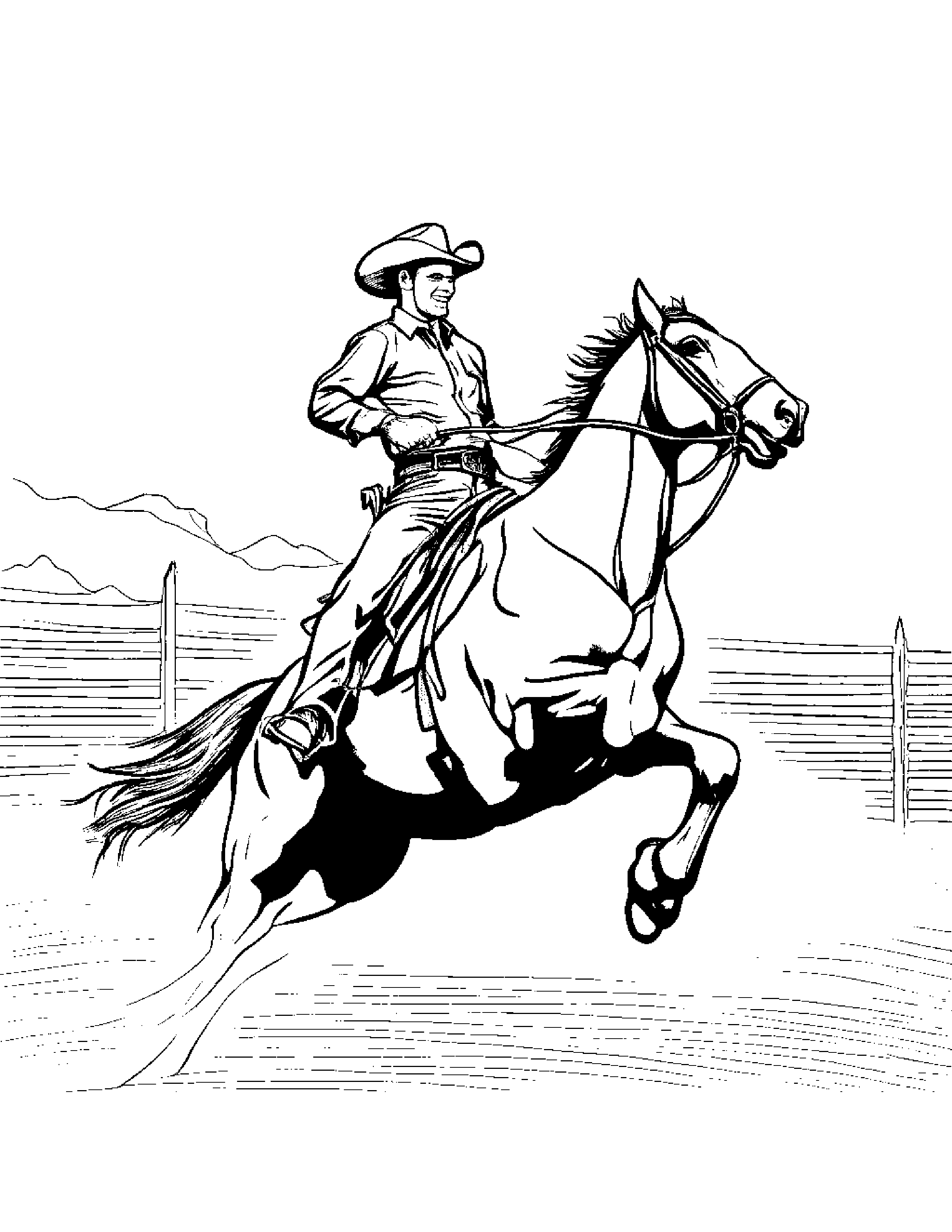 A Cowboy Roping A Bucking Bronco At A Rodeo Coloring Page (Free Printable PDF)