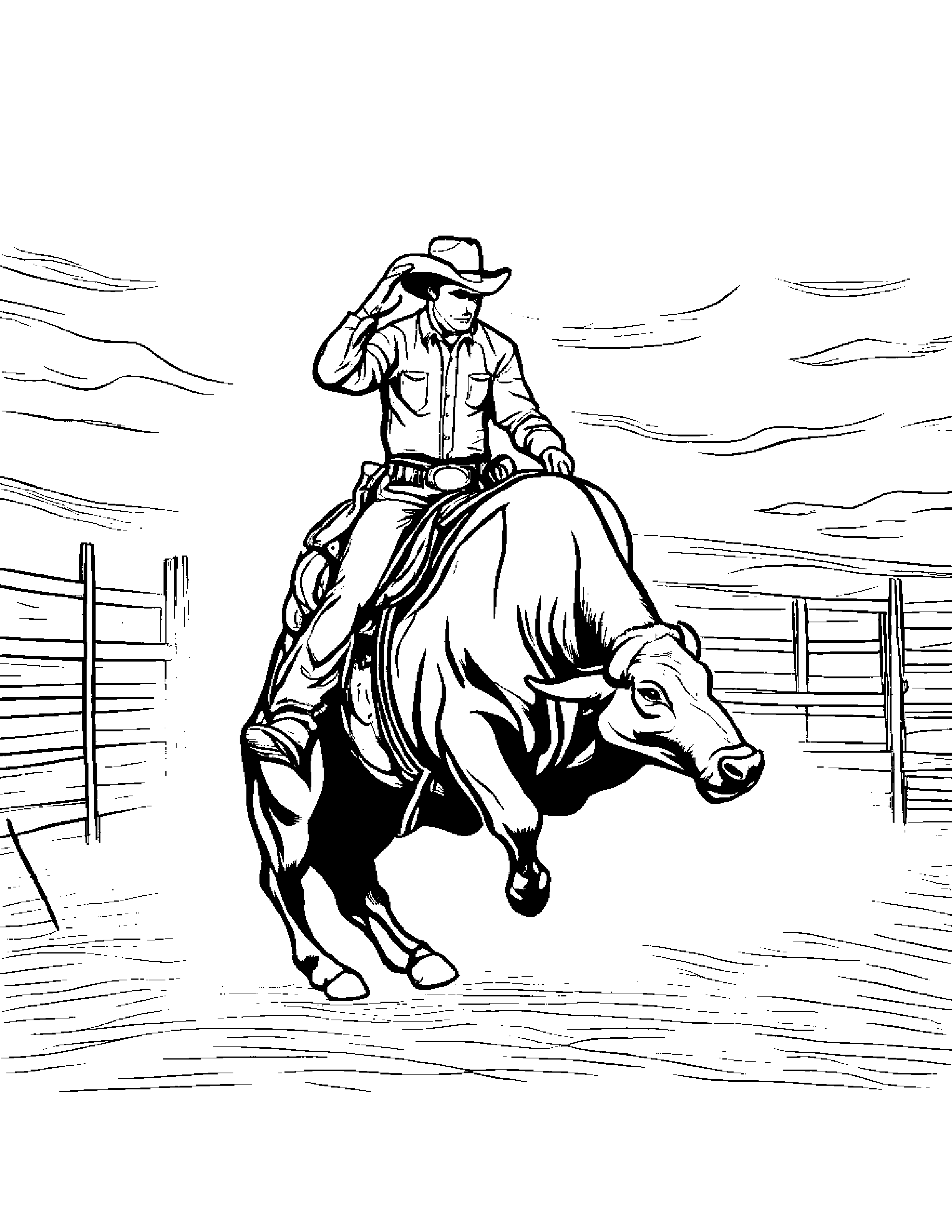 A Cowboy Trying To Wrangle A Rebellious Bull During A Rodeo Event Coloring Page (Free Printable PDF)