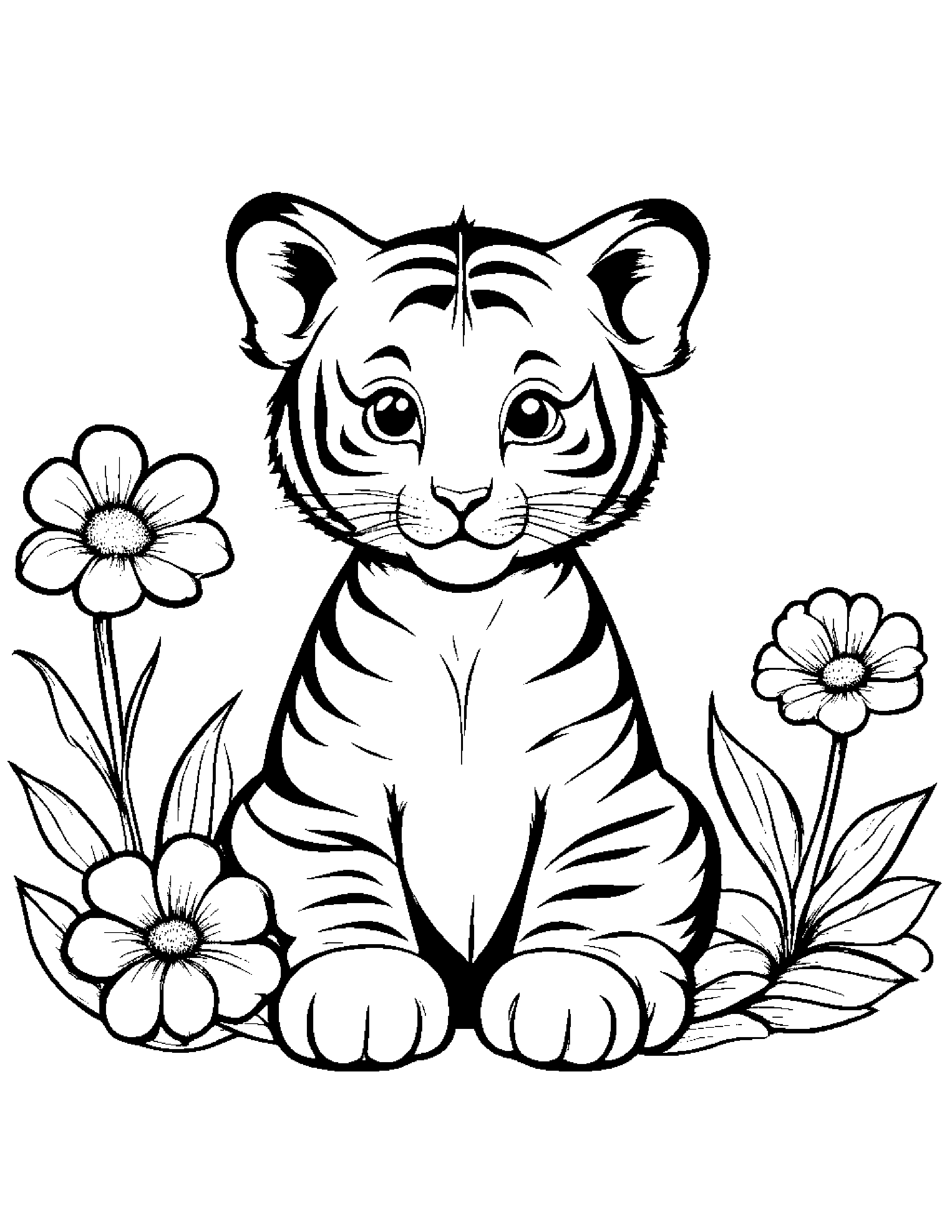 Little Tiger Cub With A Flower #2 Coloring Page (Free Printable PDF)