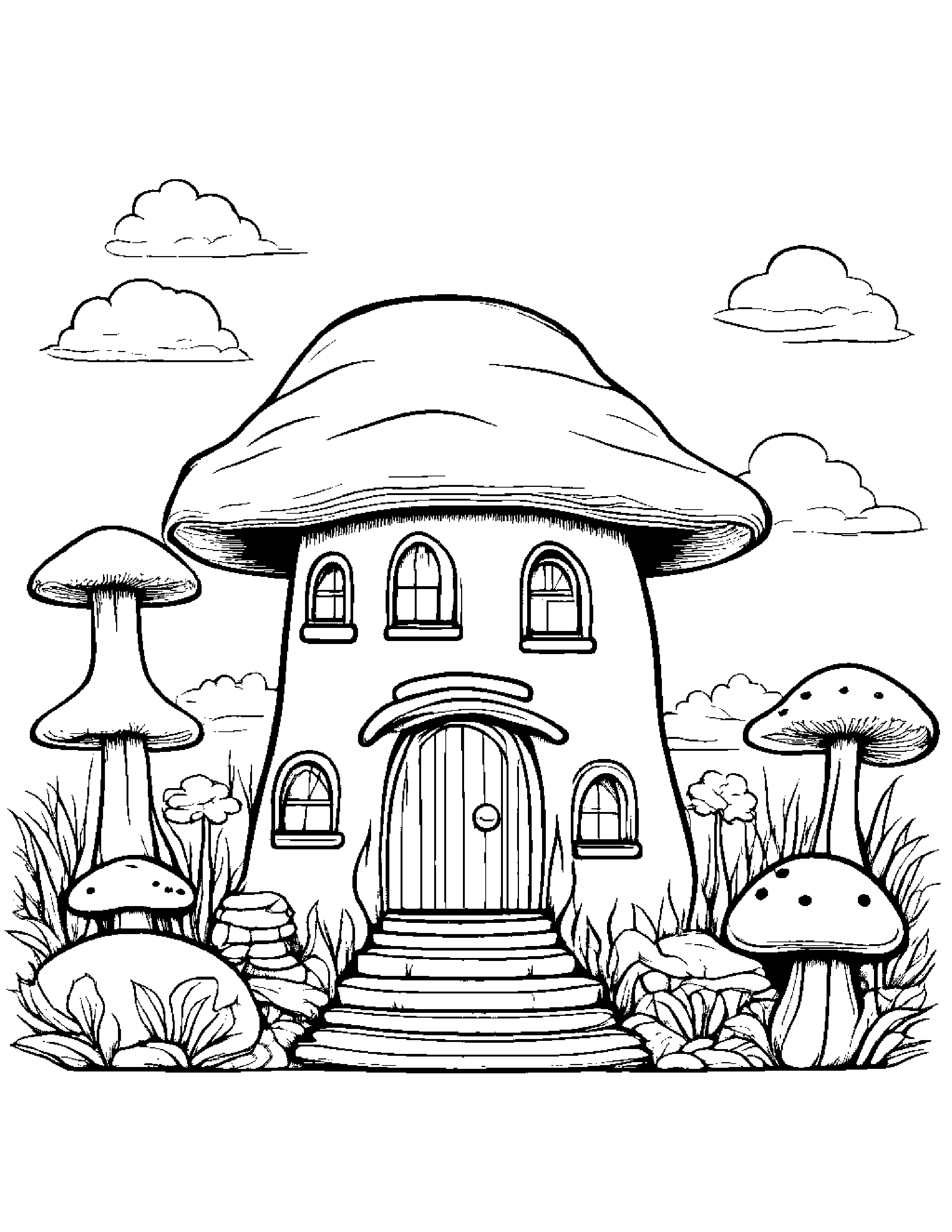 Mushroom House #2 Coloring Page (Free Printable PDF)