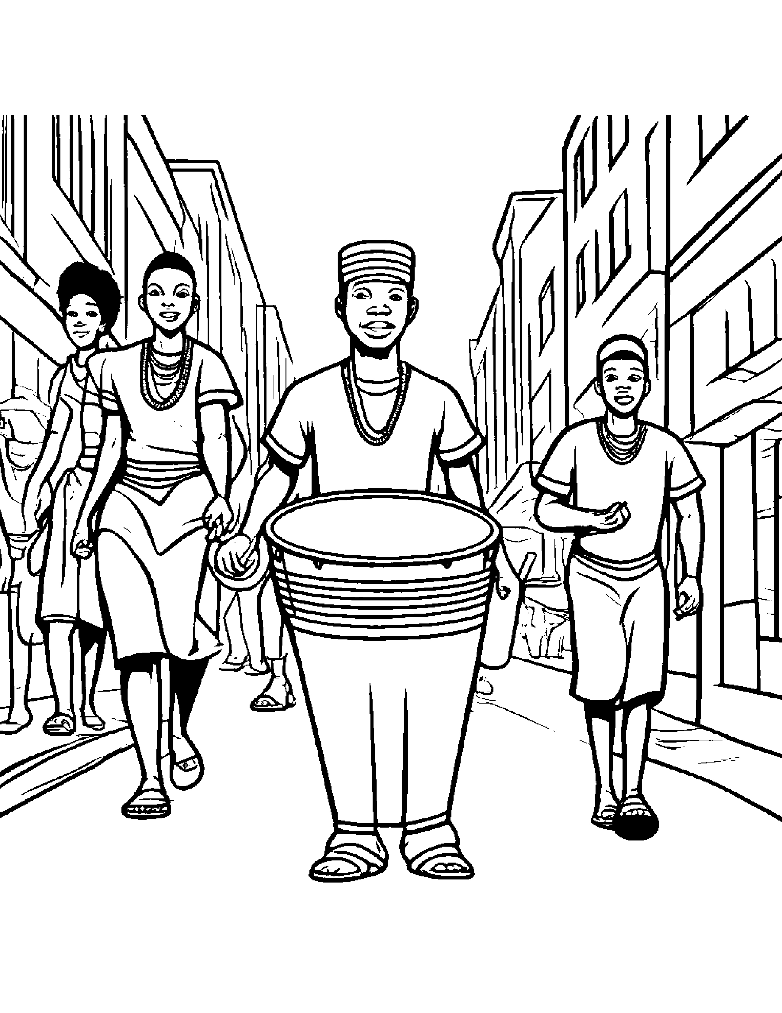 An African Drummer Leading A Lively Procession Through The Streets During African Heritage Month Coloring Page (Free Printable PDF)