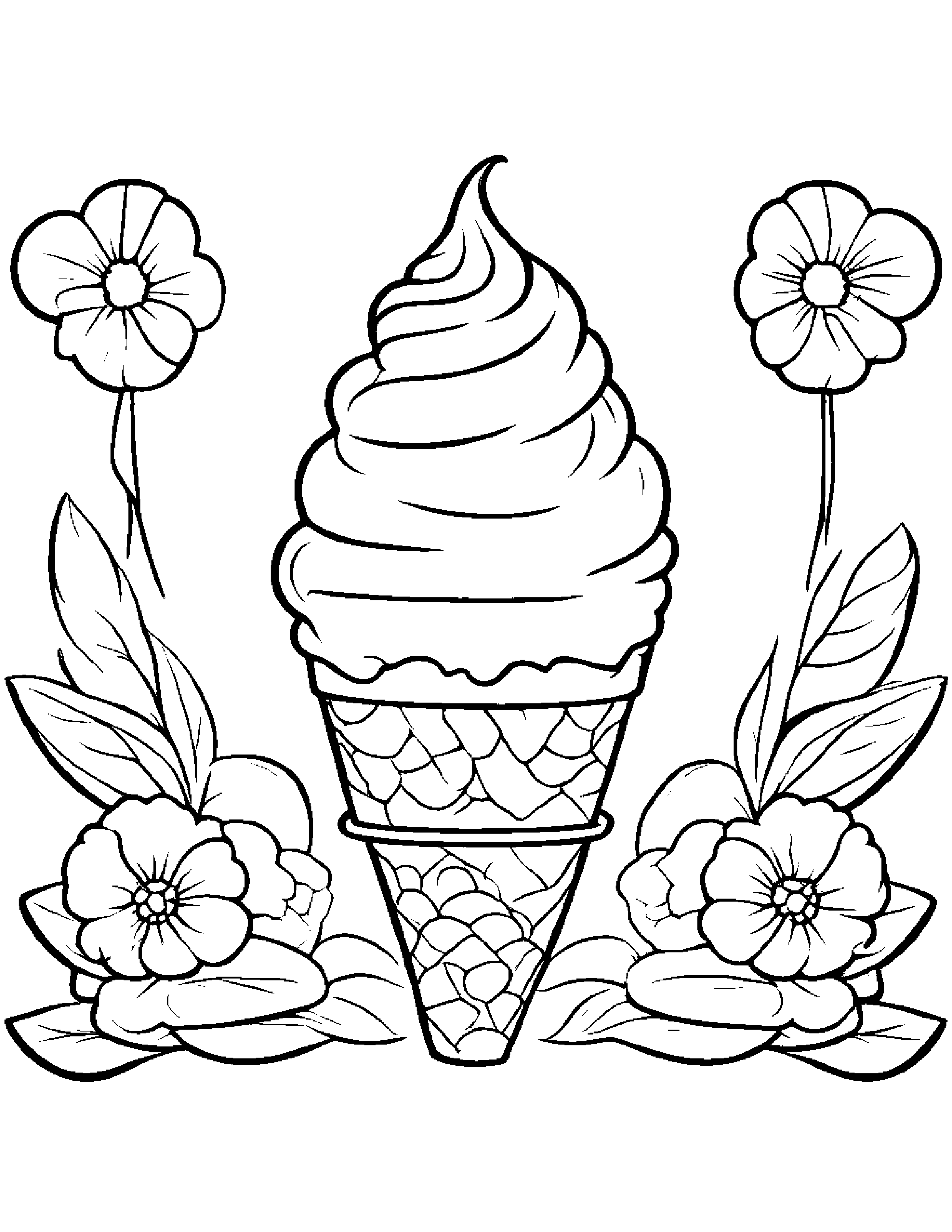Sleepy Ice Cream Cone With A Flower Coloring Page (Free Printable PDF)