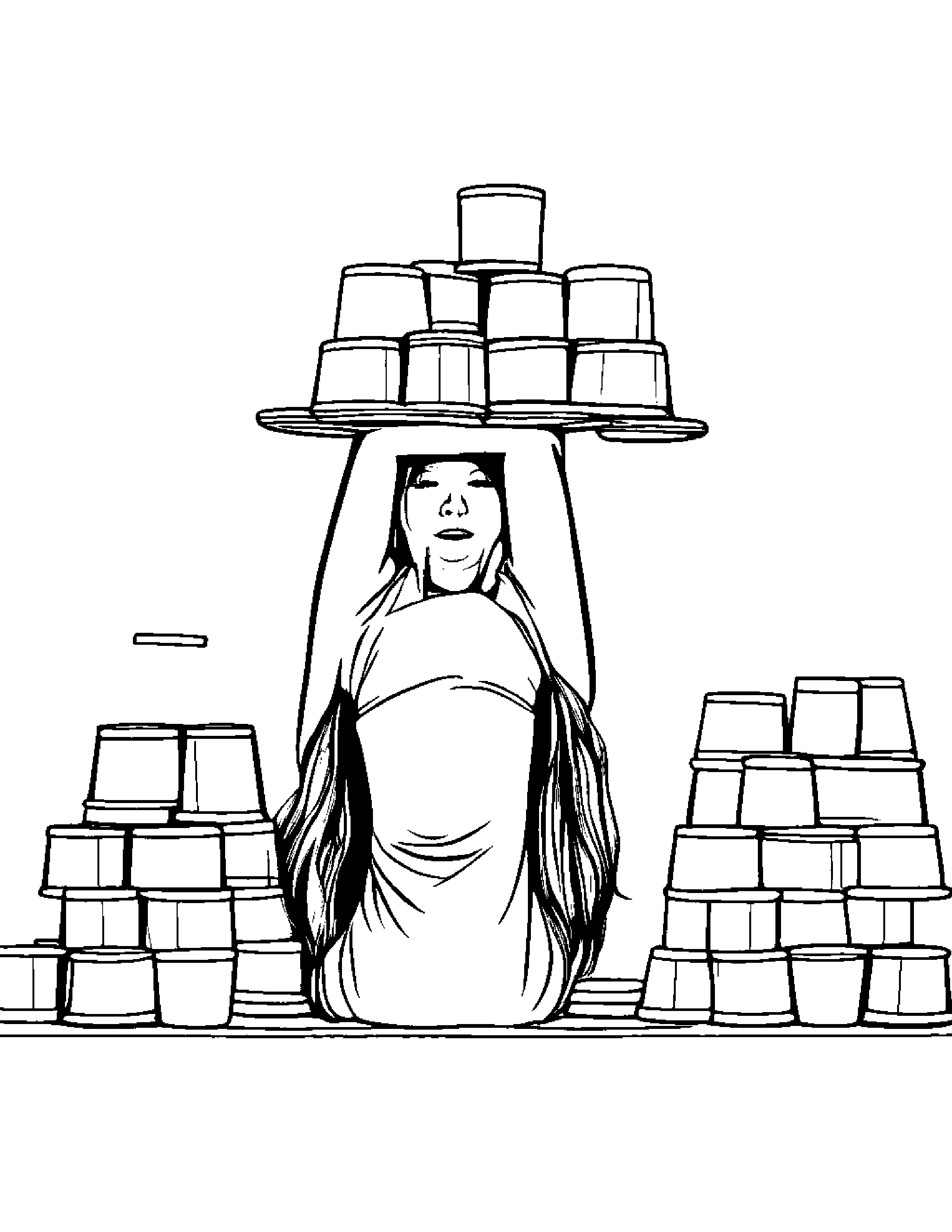 A Girl Doing A Fantastic Headstand While Balancing A Stack Of Colorful Plastic Cups On Her Head Coloring Page (Free Printable PDF)