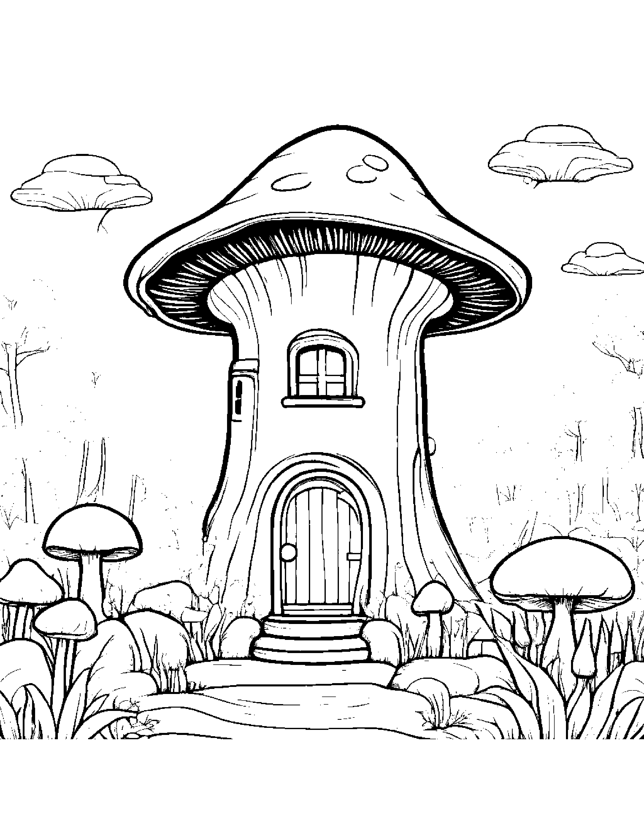 Gentle Mushroom House Coloring Page (Free Printable PDF)