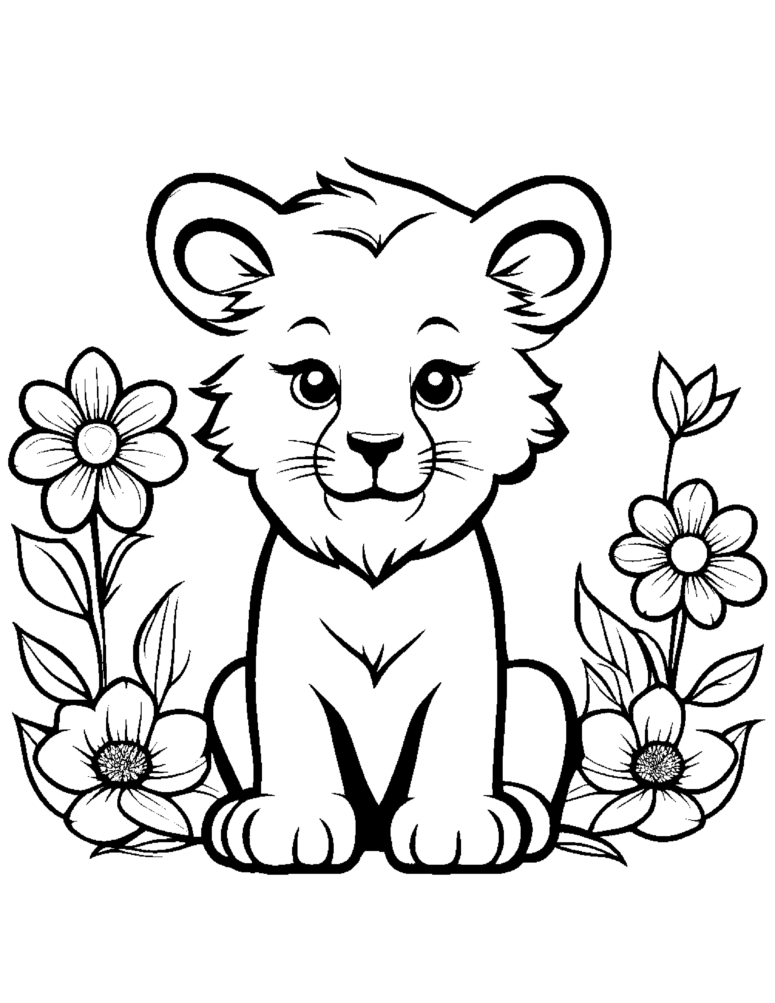 Kawaii Lion Cub With A Flower #2 Coloring Page (Free Printable PDF)