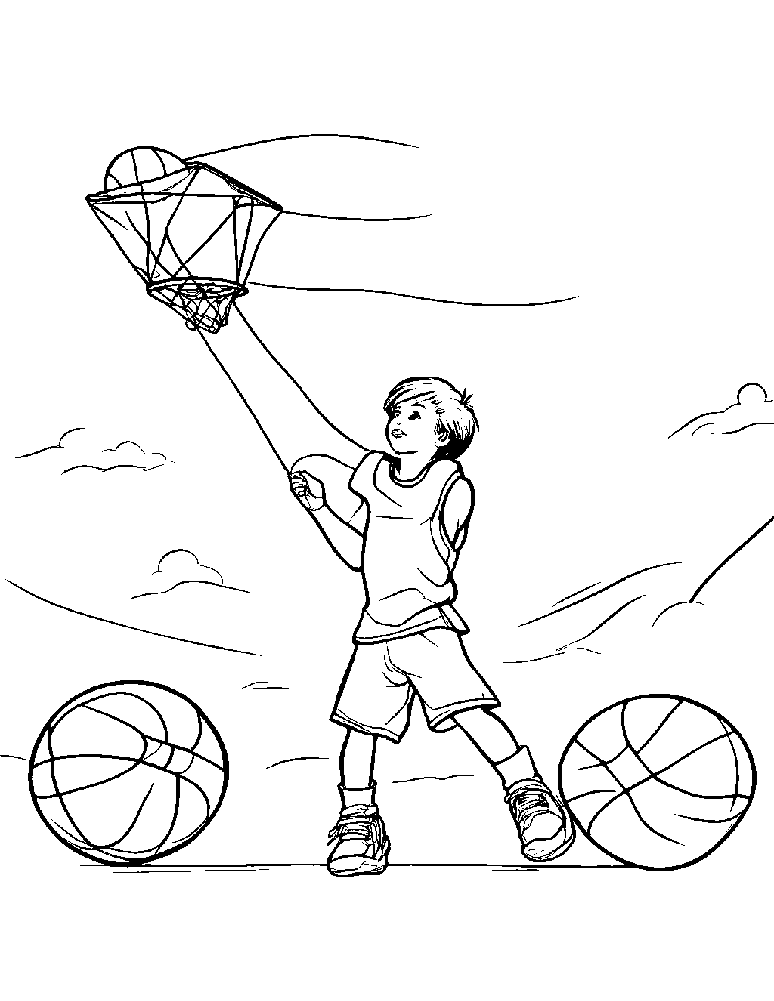 Basketball Flying A Kite Coloring Page (Free Printable PDF)