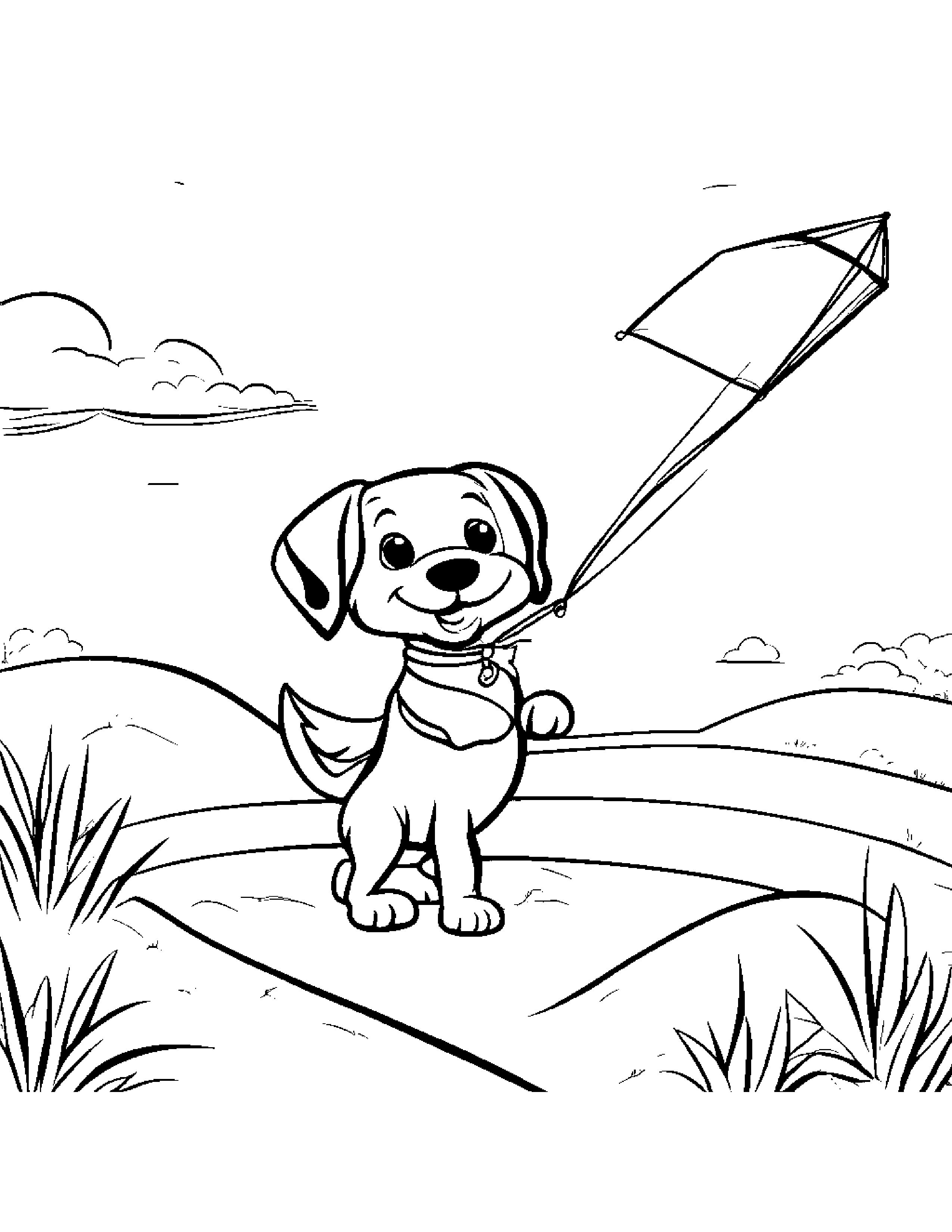 Brave Puppy Dog Flying A Kite Beside A Sandbox #2 Coloring Page (Free Printable PDF)