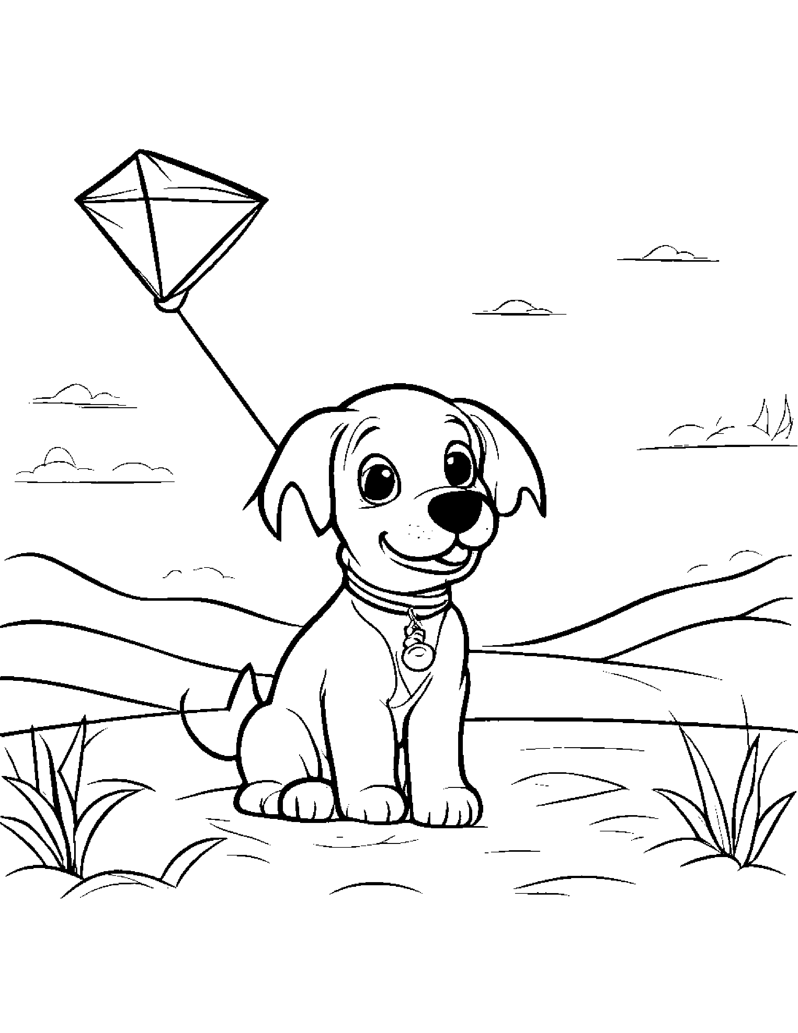 Brave Puppy Dog Flying A Kite Beside A Sandbox Coloring Page (Free Printable PDF)