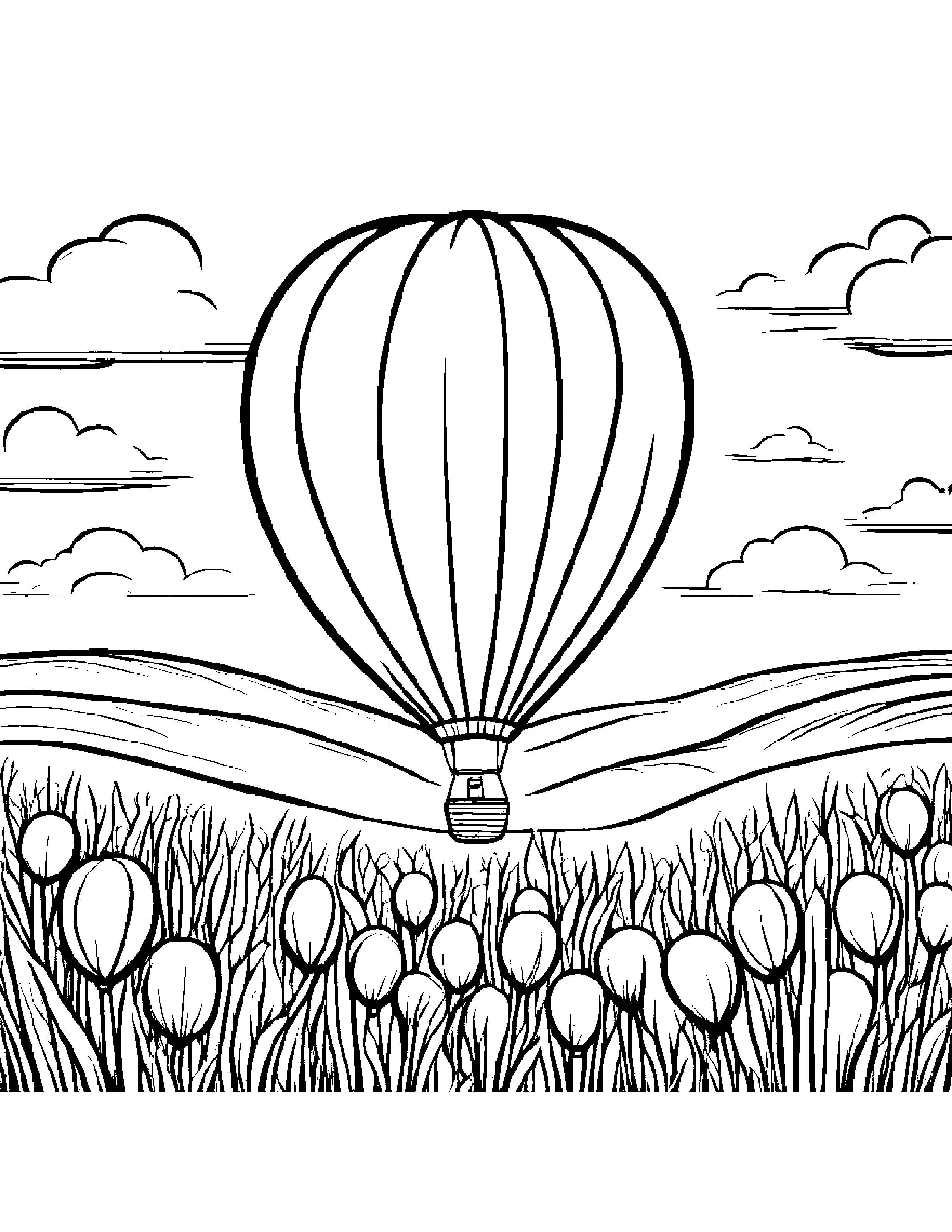 Bright Balloon In A Sunny Meadow Coloring Page (Free Printable PDF)