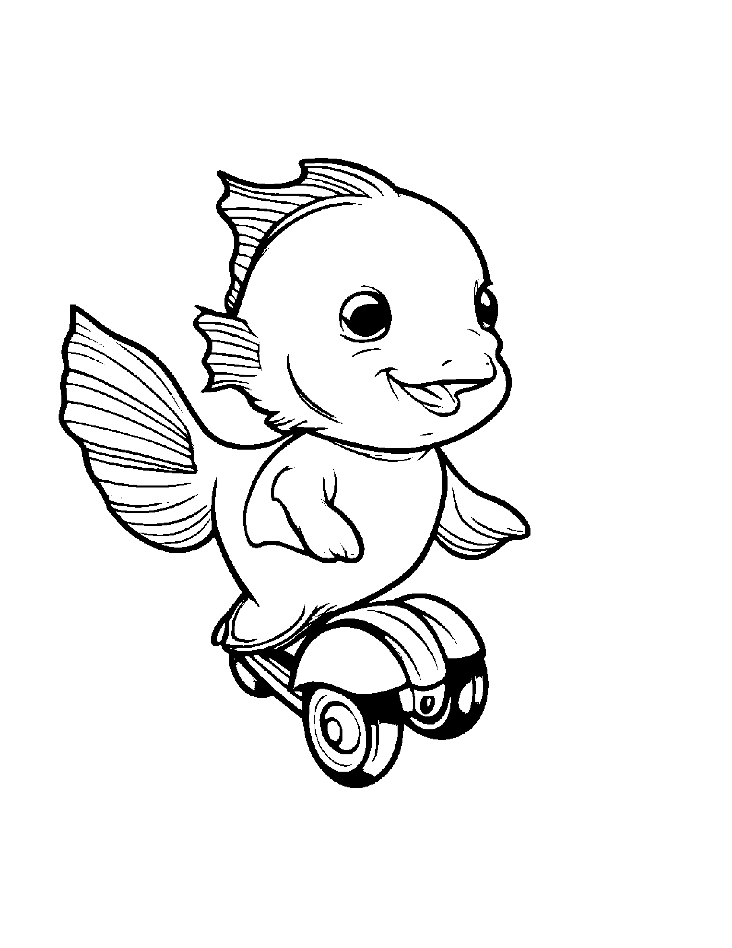 Bright Goldfish Riding A Scooter #2 Coloring Page (Free Printable PDF)