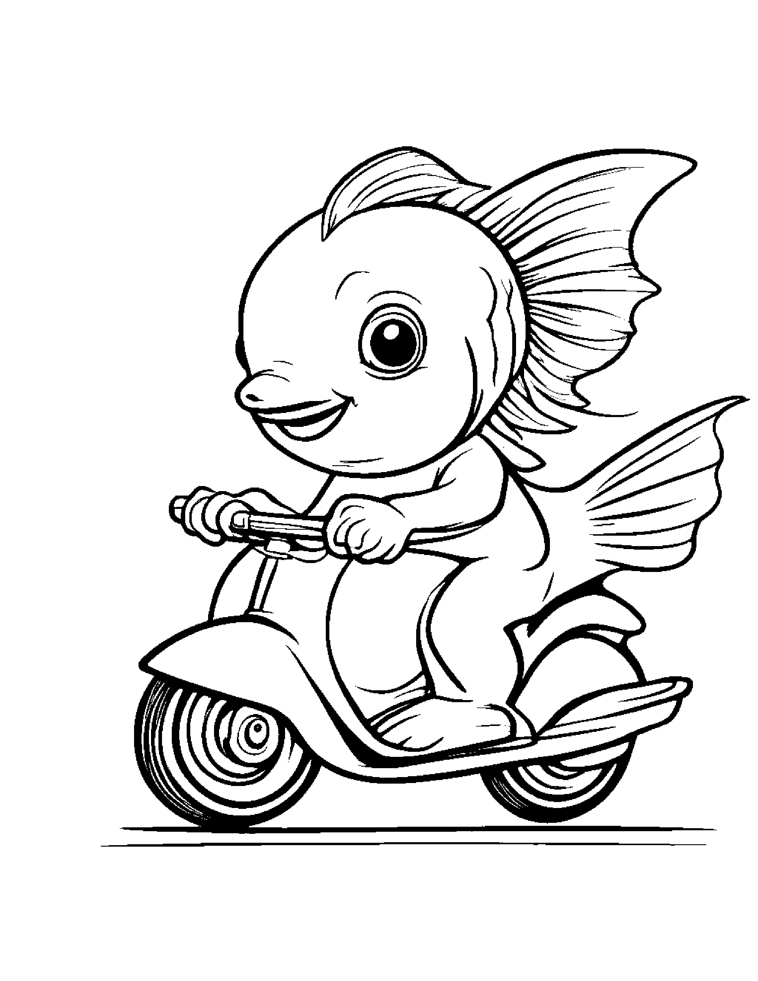 Bright Goldfish Riding A Scooter #3 Coloring Page (Free Printable PDF)