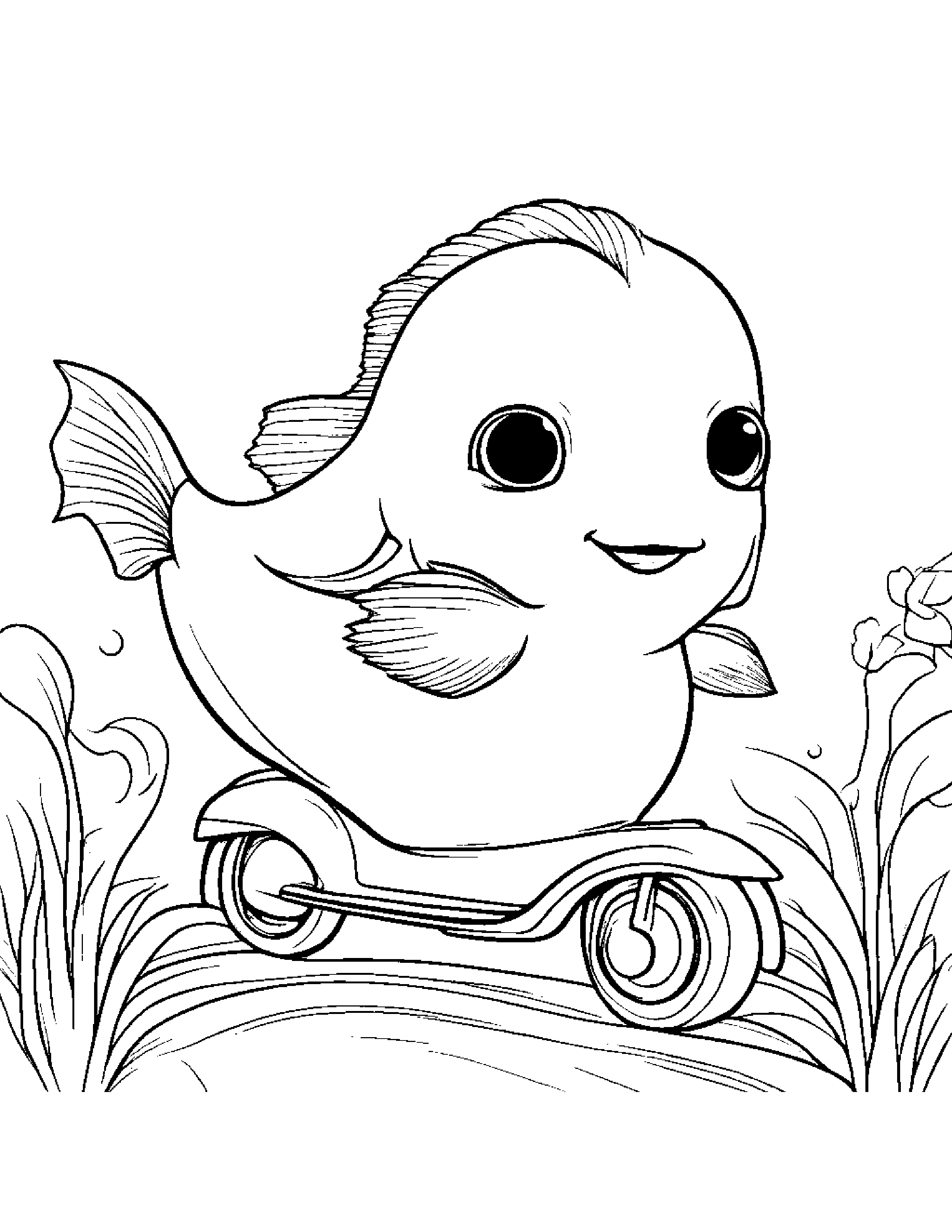 Bright Goldfish Riding A Scooter Coloring Page (Free Printable PDF)